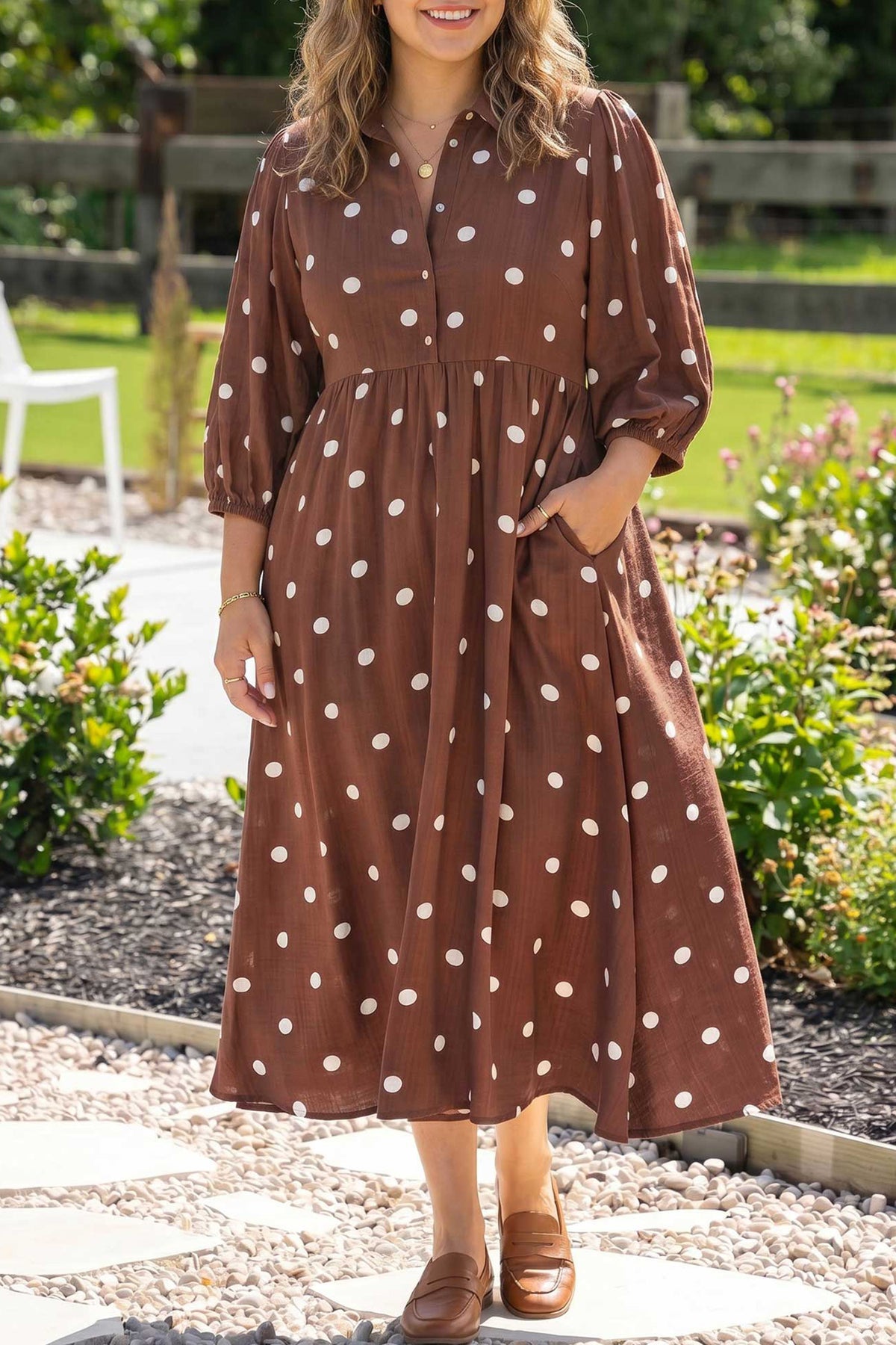 Polka Cuffs Sleeve Shift Plus Size Dress with Pockets