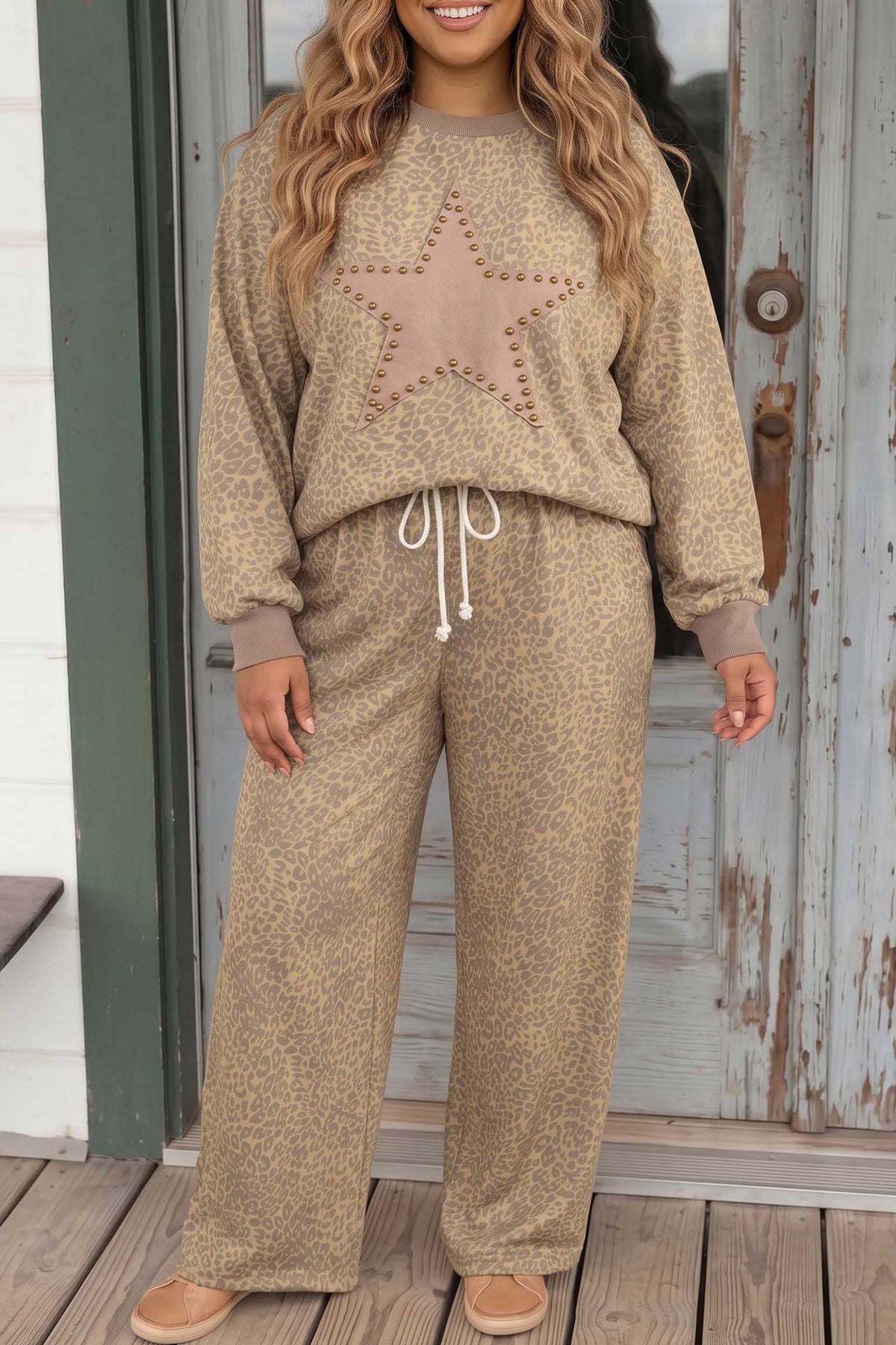Leopard Star Patchwork Top & Pants Plus Size Set
