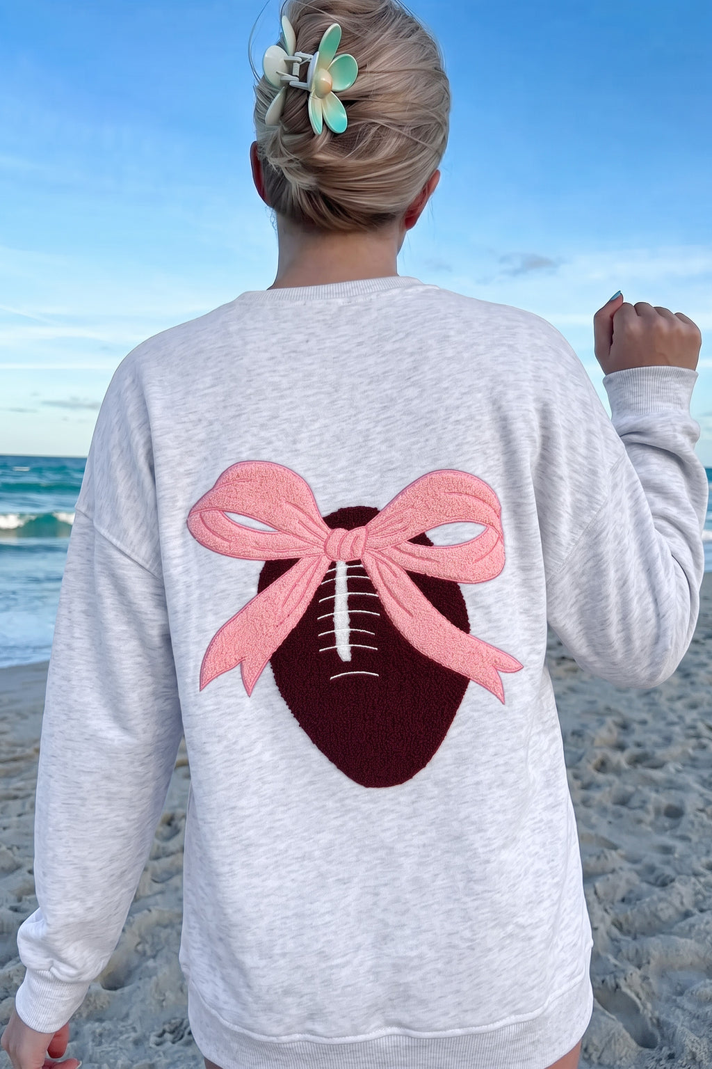 Embroidered Football Bow Sweatshirt