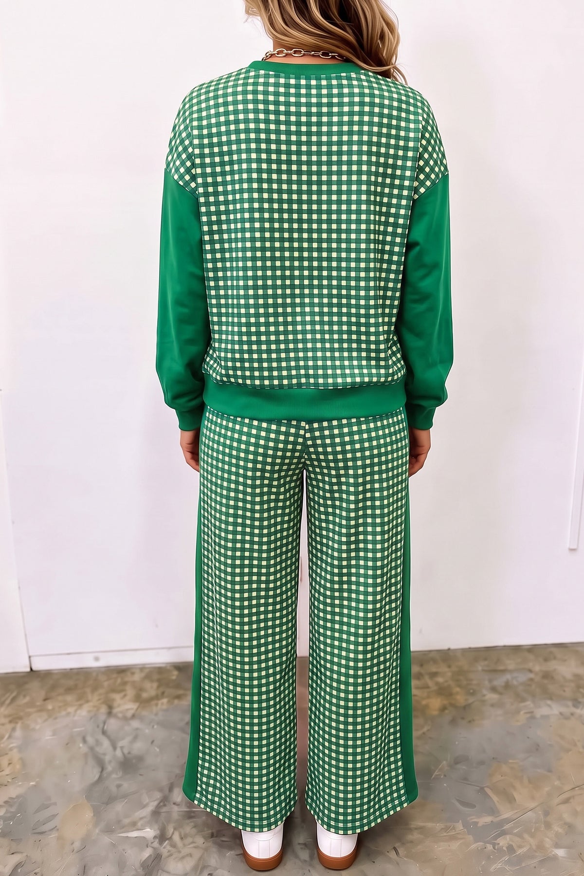 Plaid Patchwork Long Sleeve Pullover & Wide Leg Pant Set (3 Colors Available)