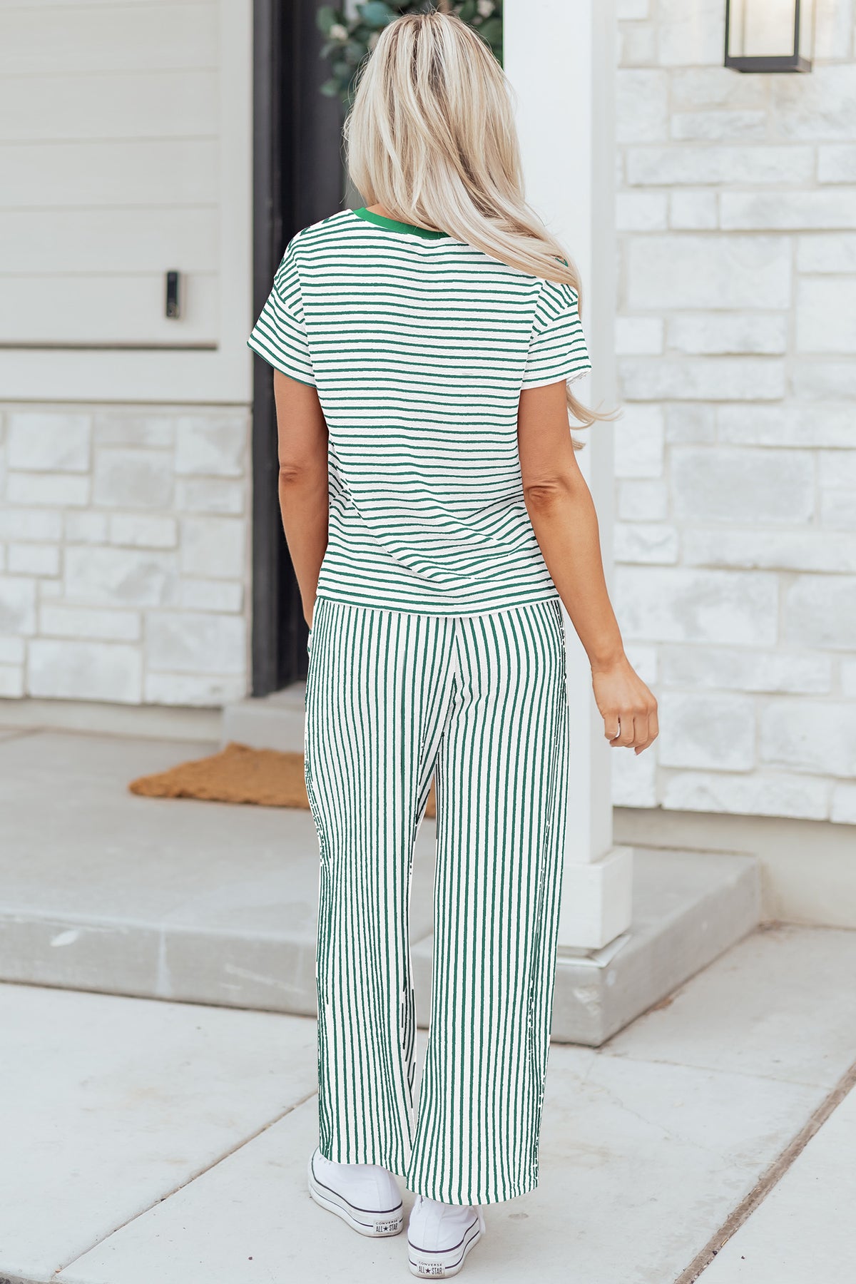 Stripe Crew Neck Tee & Drawstring Waist Cropped Pants Set (4 Colors Available)