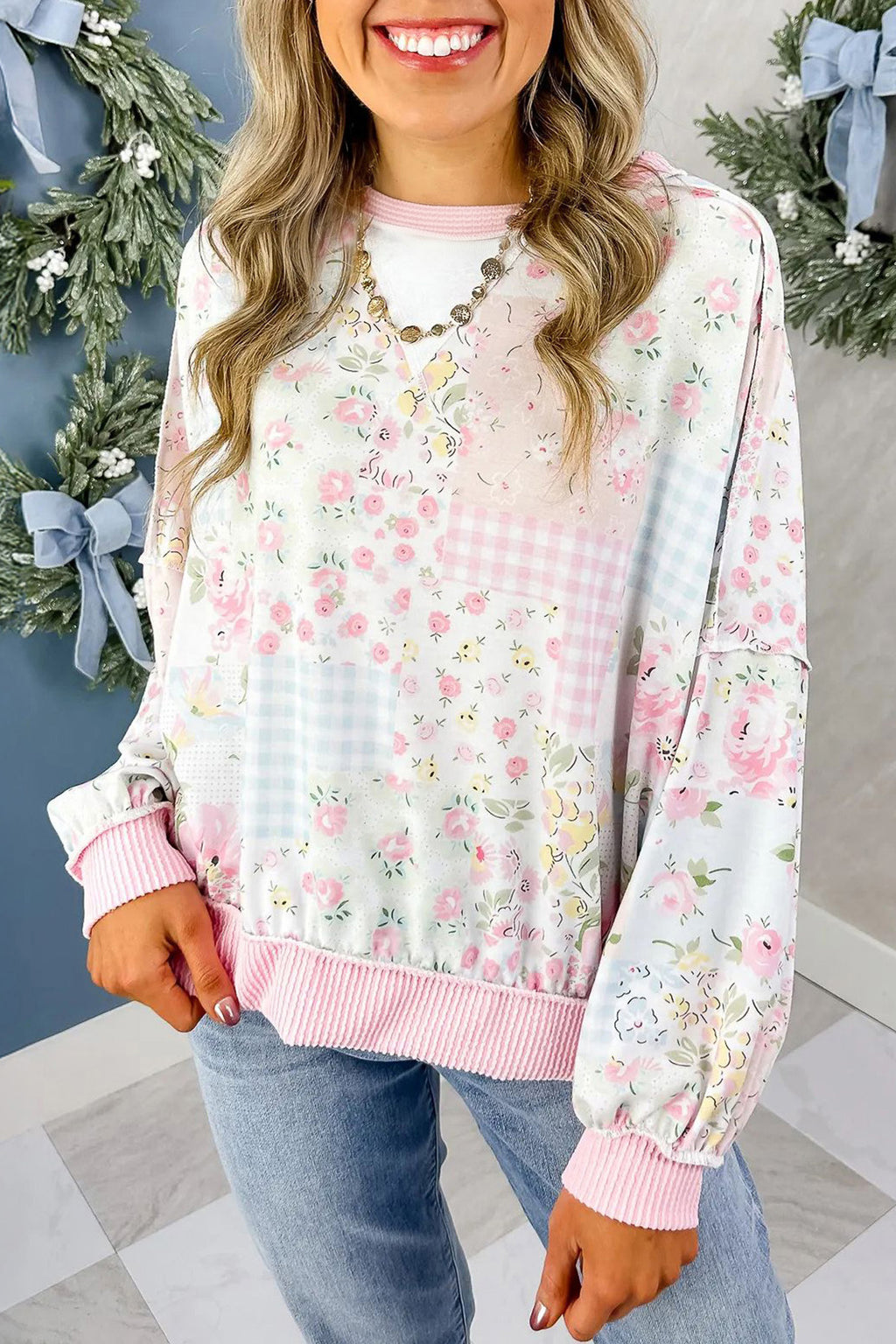 Floral Print Patchwork Long Sleeve Top