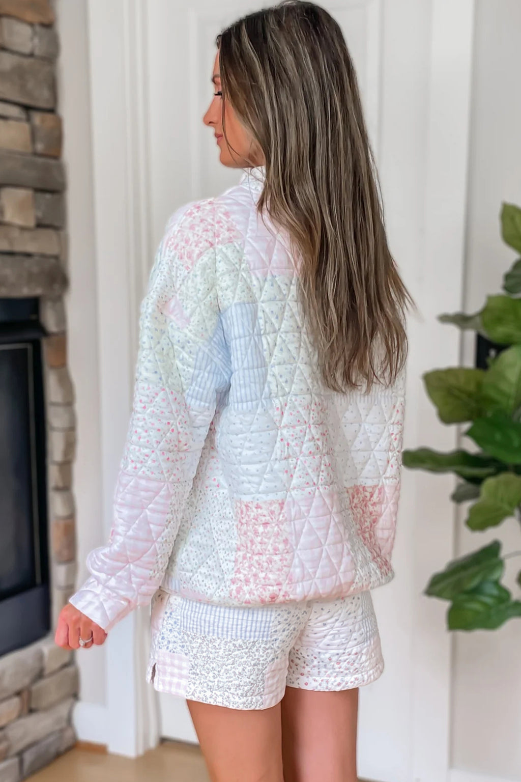 Floral Quilted Patchwork Mock Neck Top & Short Set