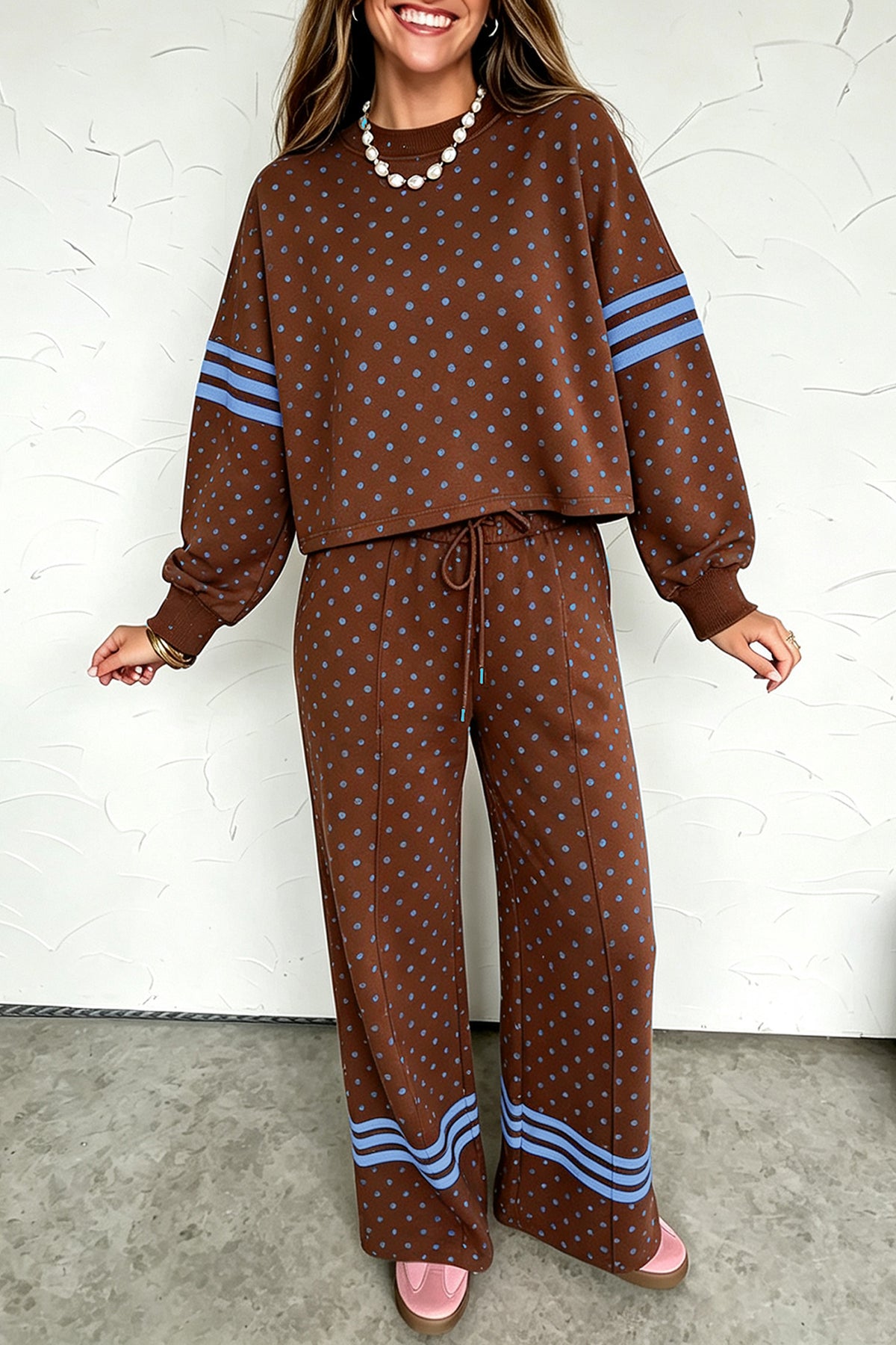 Polka Dot Print Colorblock Stripes Top & Pant Set