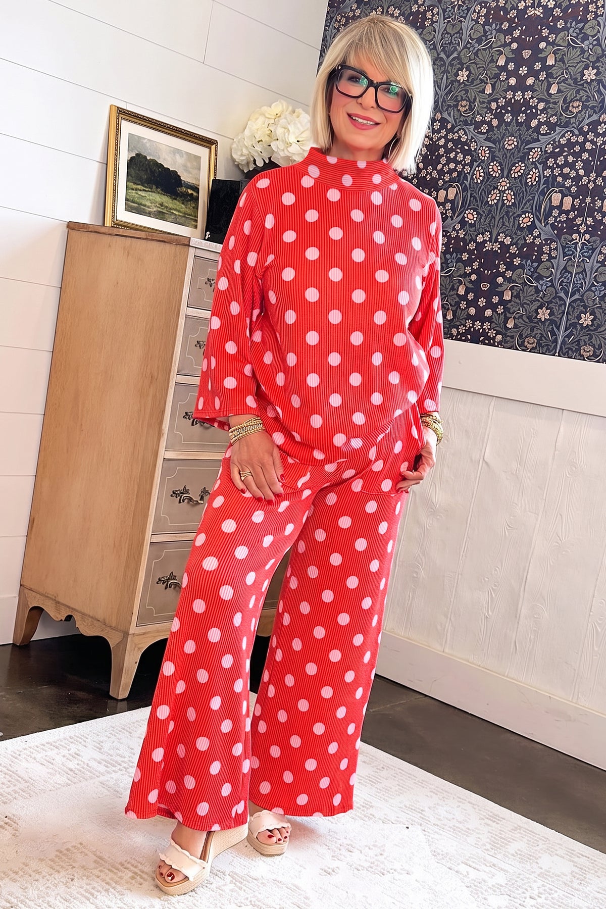 Polka Dot Mock Neck Pullover Set