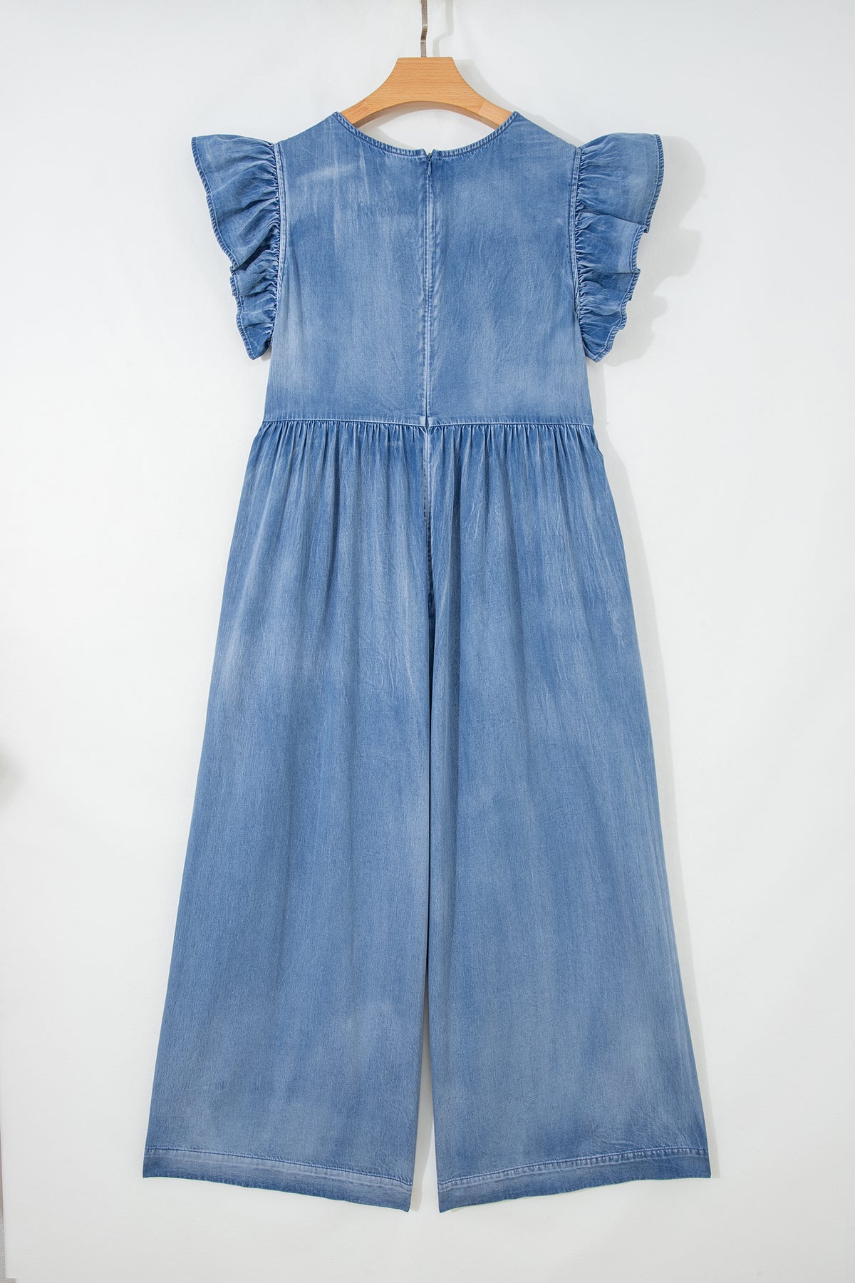 Ruffled Cap Sleeve Wide Leg Denim Jumpsuit