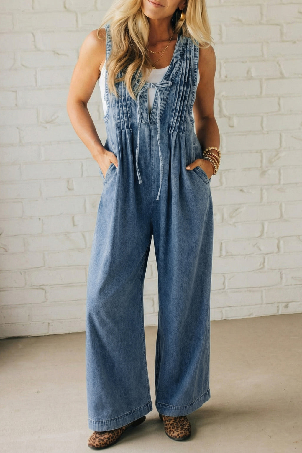 Acid Wash Denim Wide Leg Jumpsuit