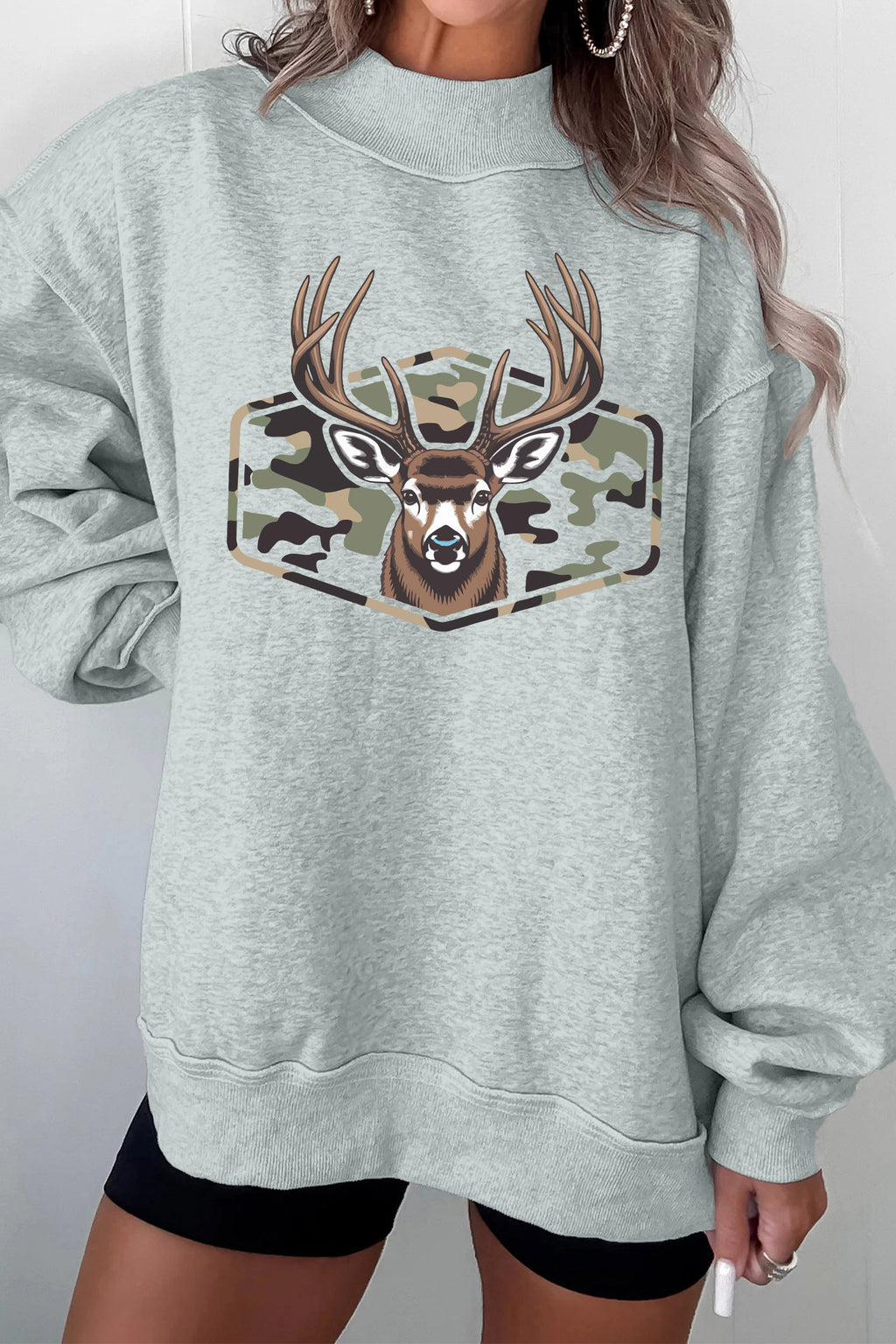 Oversize Camouflage Deer Mock Neck Sweatshirt