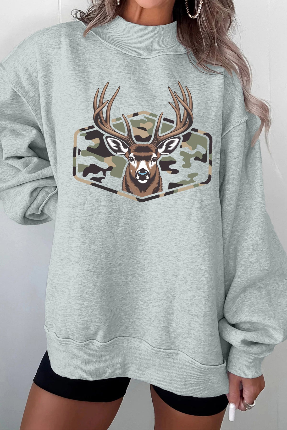 Oversize Camouflage Deer Mock Neck Sweatshirt