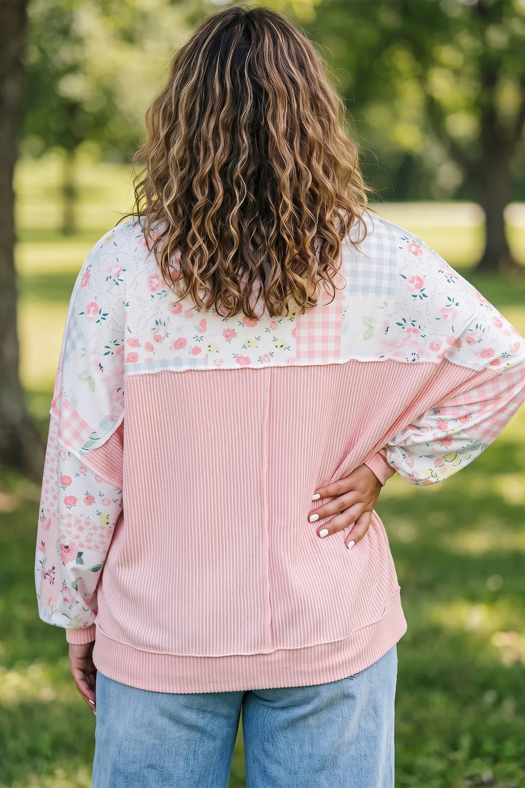 Floral Patchwork Long Sleeve Plus Size Top