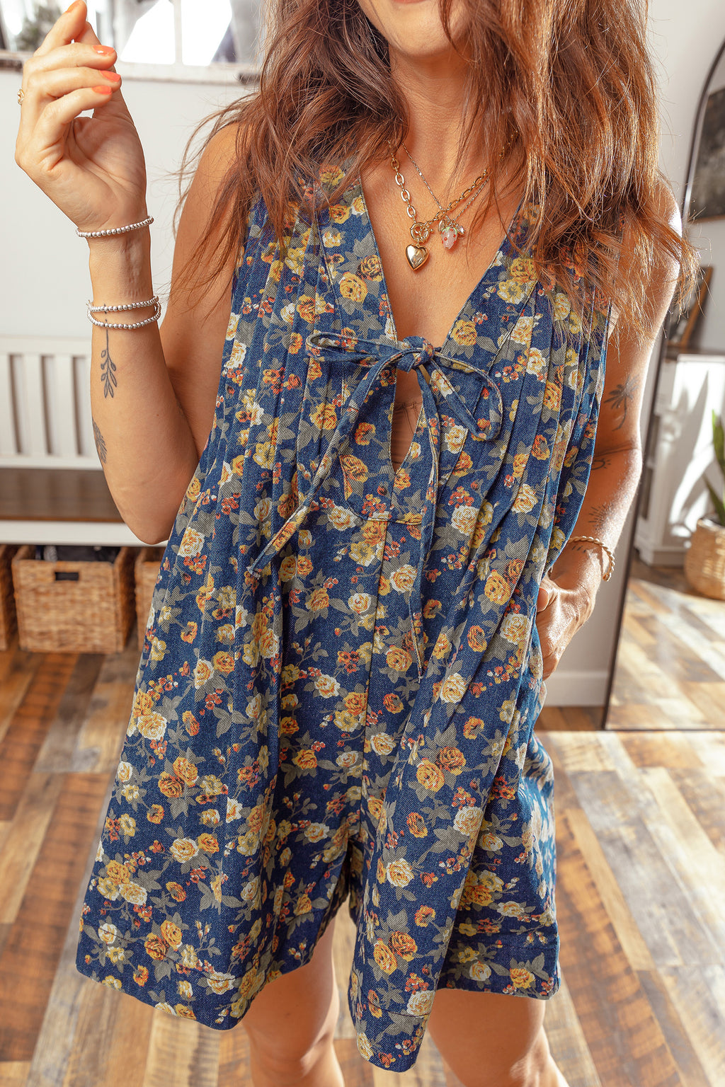 Floral Print Bow Tie V Neck Pleated Denim Romper