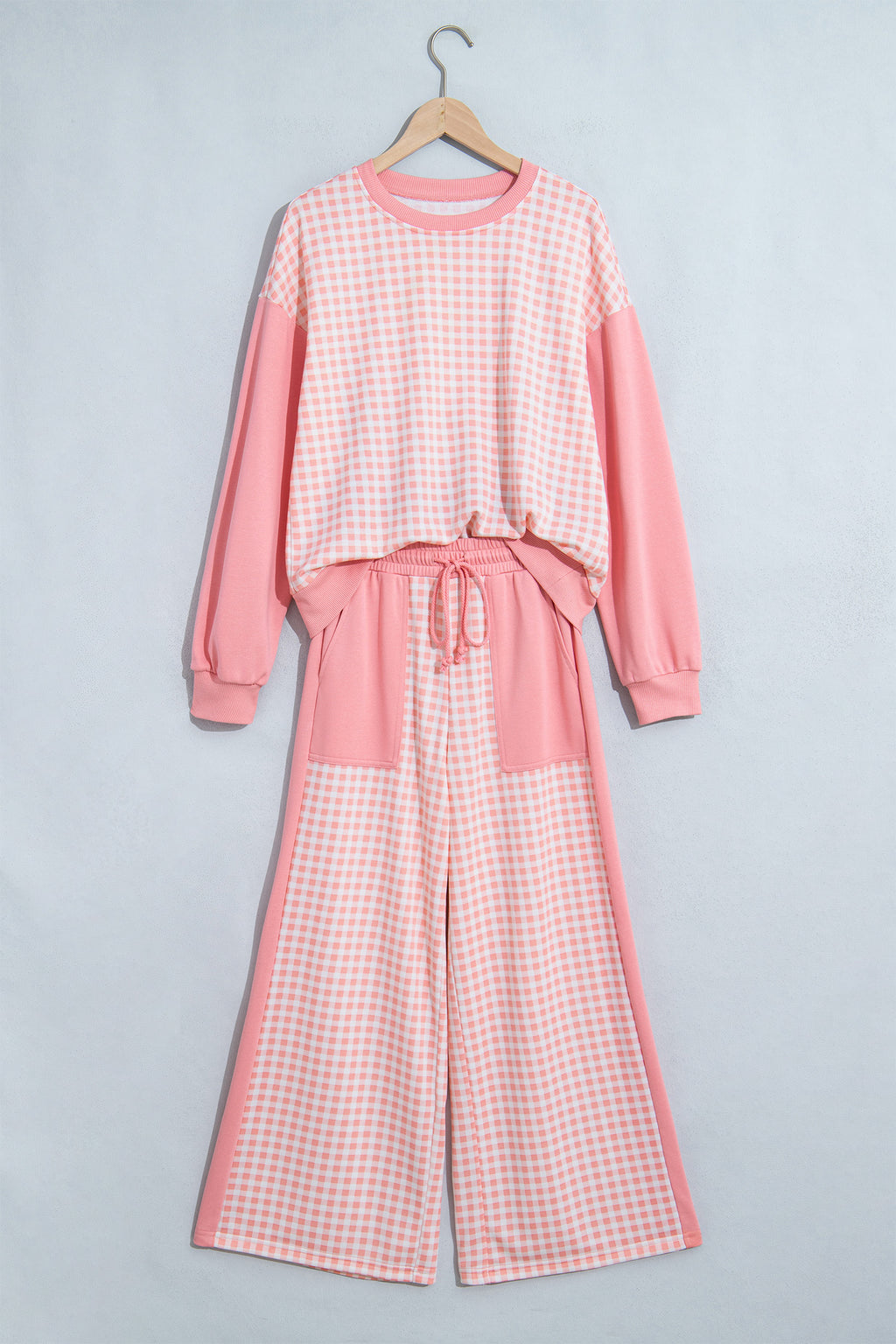 Plaid Patchwork Long Sleeve Pullover & Wide Leg Pant Set (3 Colors Available)
