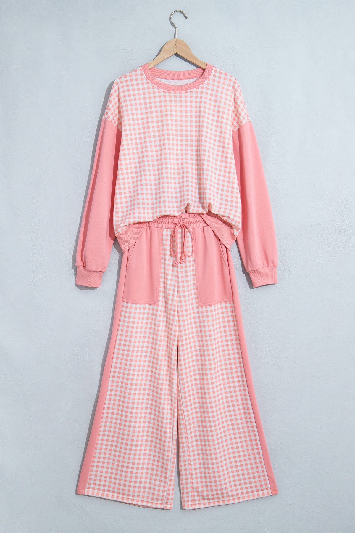 Plaid Patchwork Long Sleeve Pullover & Wide Leg Pant Set (3 Colors Available)