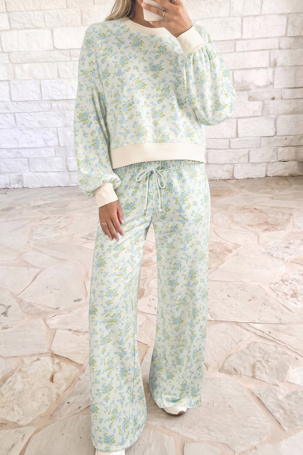 Floral Long Sleeve Top & Drawstring Wide Leg Pants Set