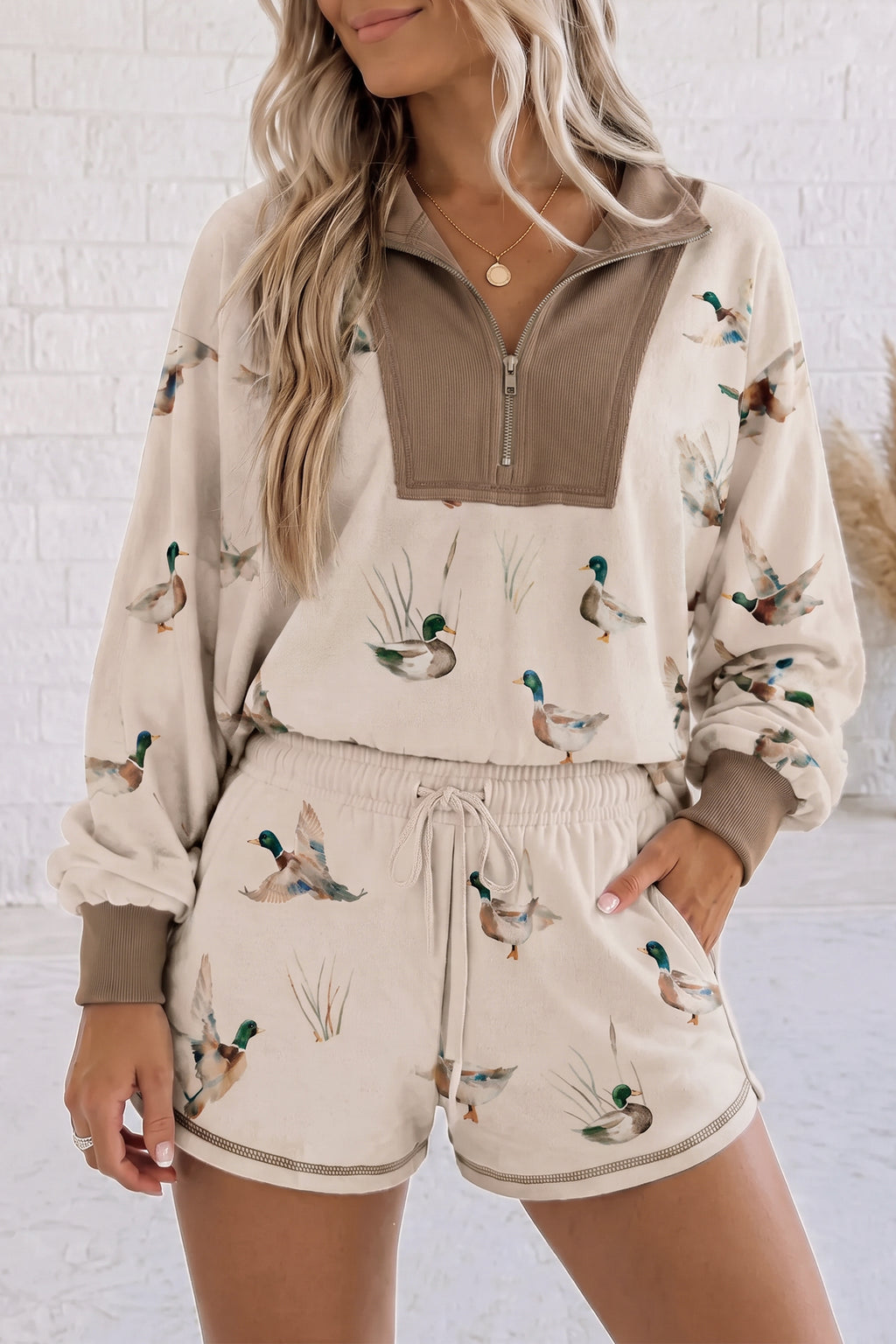 Mallard Color Block Patchwork Zip Pullover & Shorts Set