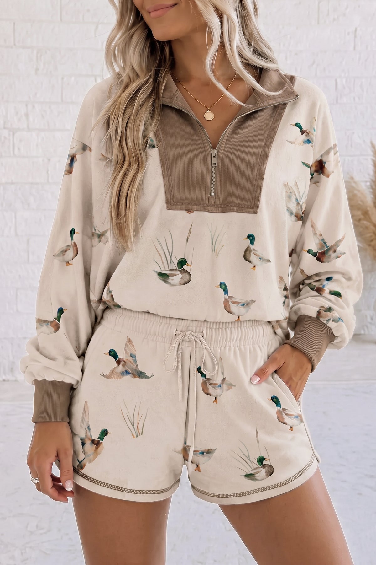 Mallard Color Block Patchwork Zip Pullover & Shorts Set