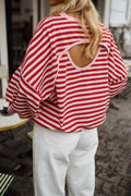 Red Stripe Cutout Back Long Sleeve Top