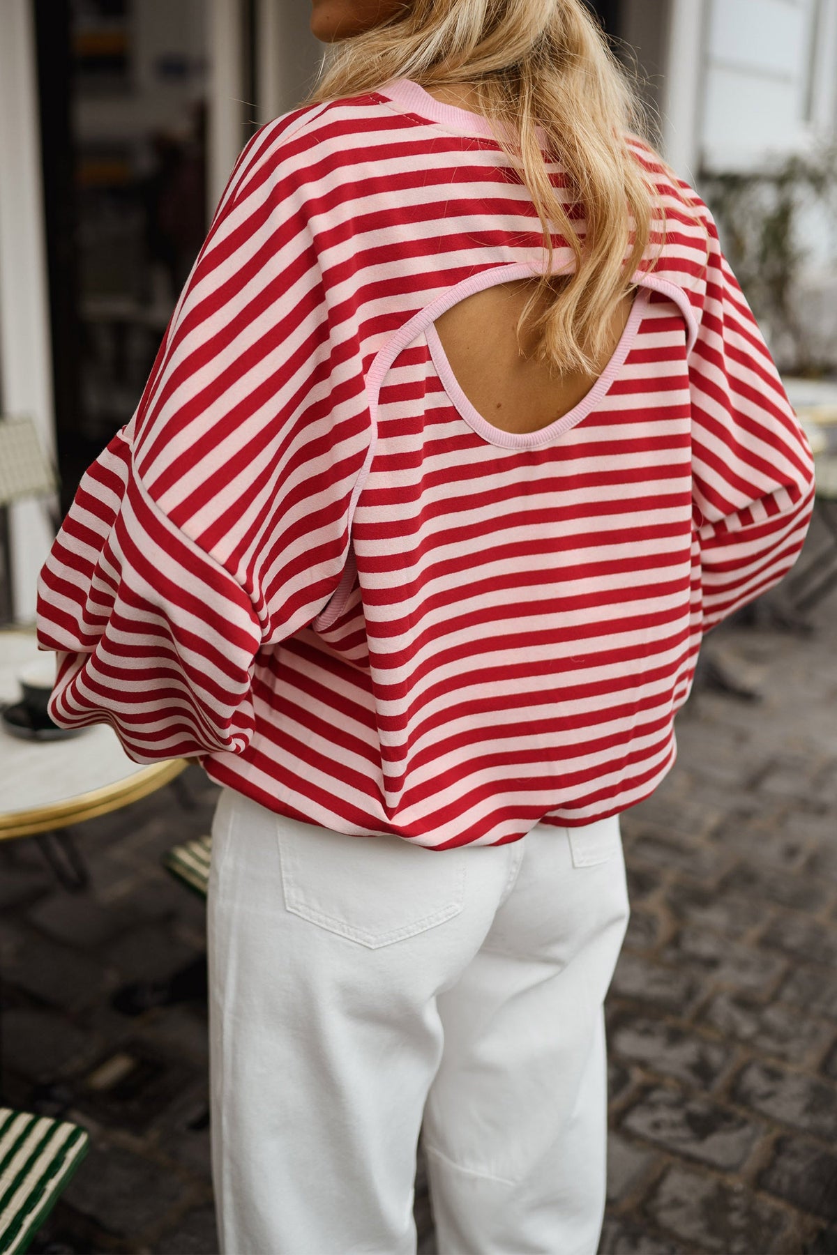 Red Stripe Cutout Back Long Sleeve Top