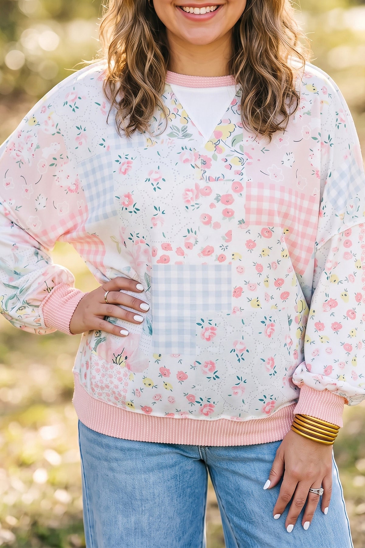 Floral Patchwork Long Sleeve Plus Size Top