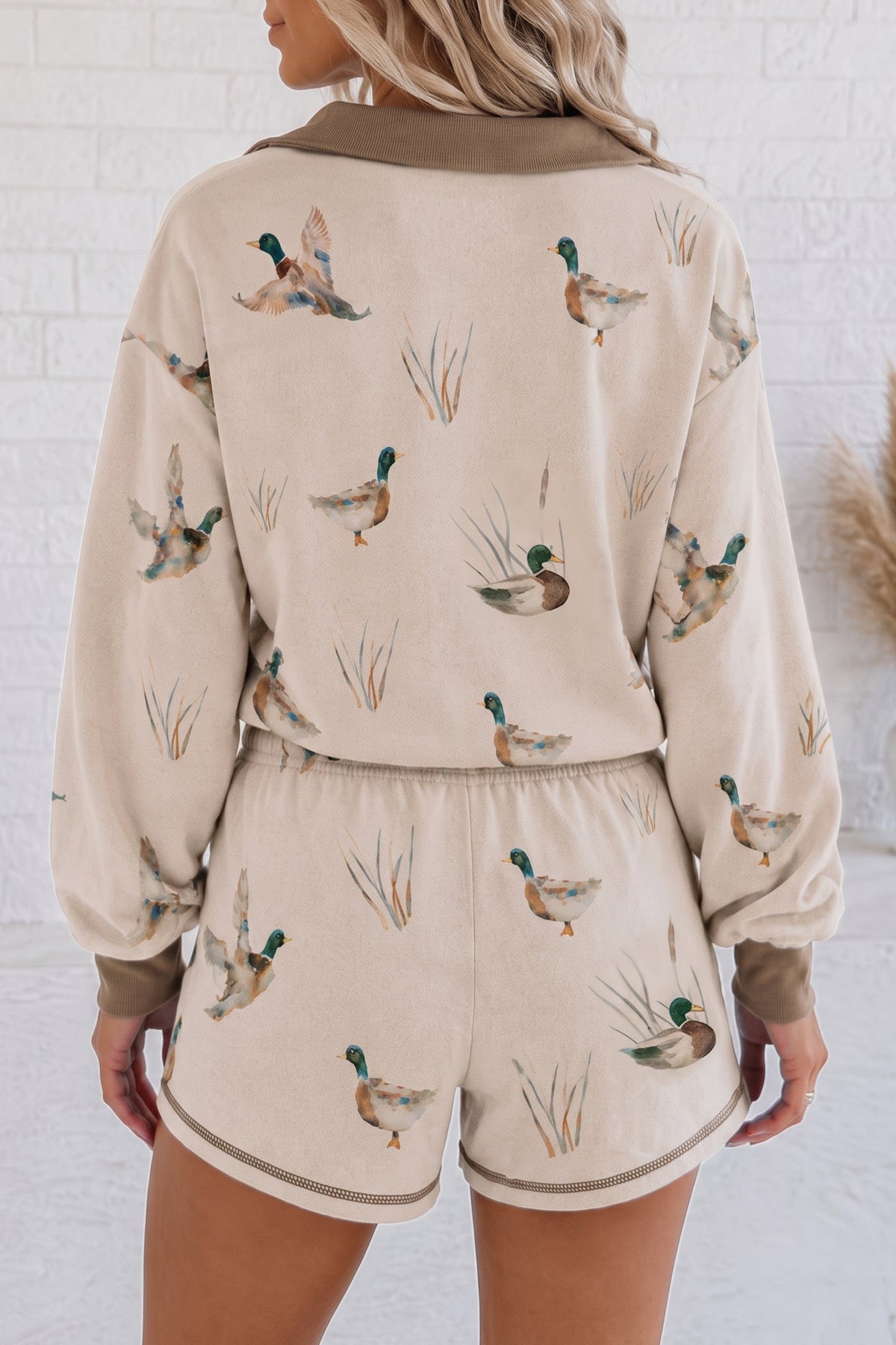 Mallard Color Block Patchwork Zip Pullover & Shorts Set