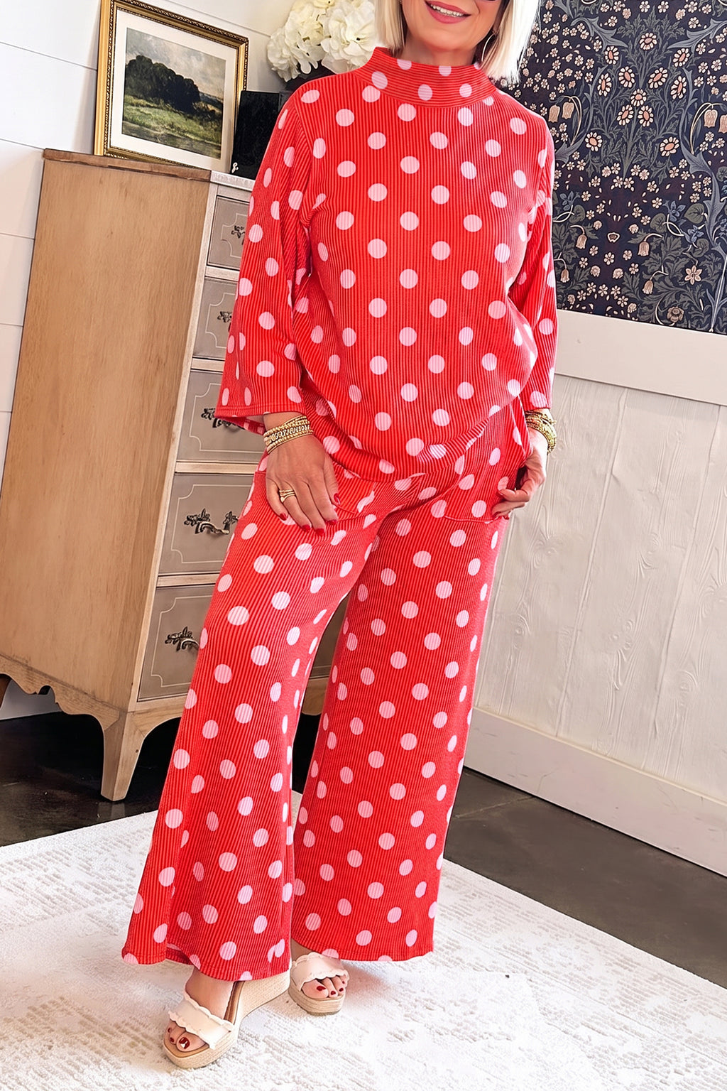 Polka Dot Mock Neck Pullover Set