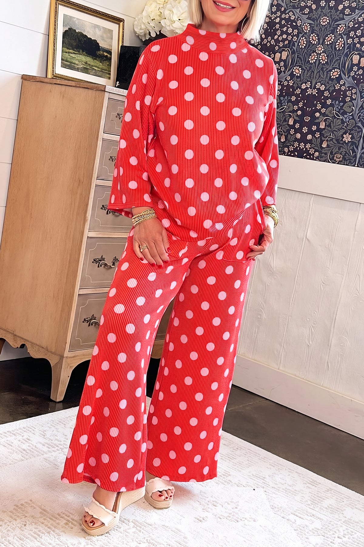 Polka Dot Mock Neck Pullover Set