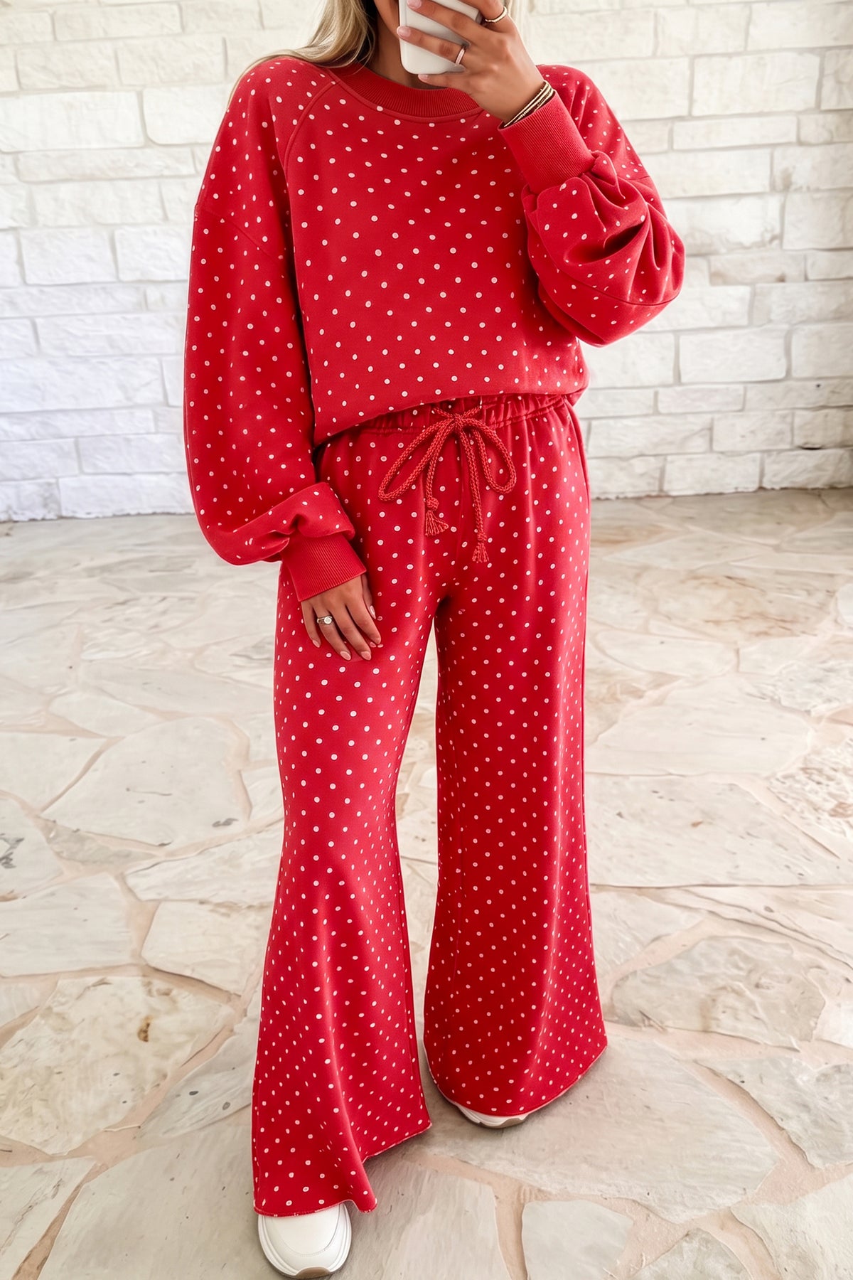 Polka Dot Long Sleeve Top & Wide Leg Pant Set (3 Colors Available)