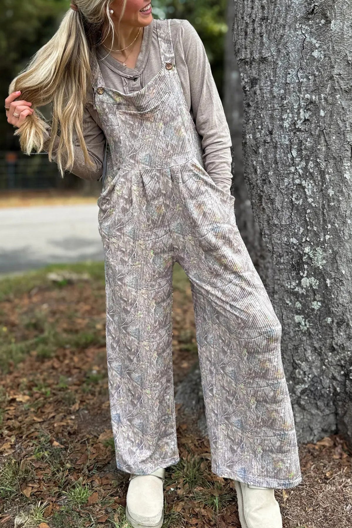 Brown Camouflage Ribbed Full-Length Jumpsuit