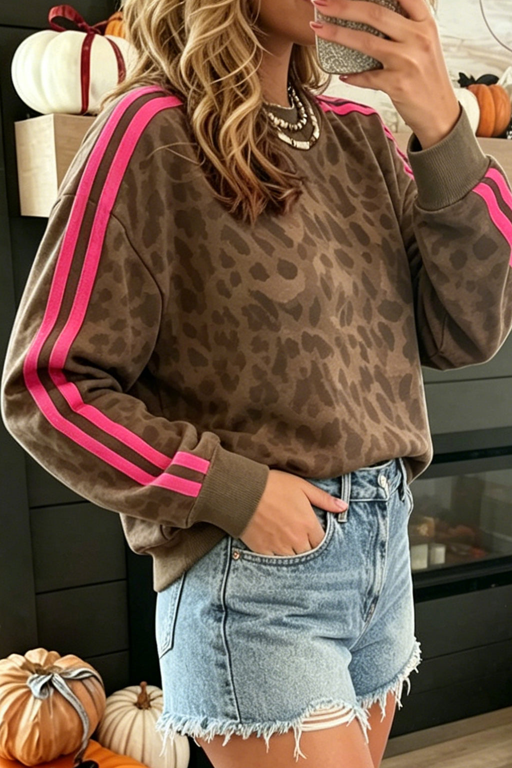 Leopard Print Striped Detail Sweatshirt