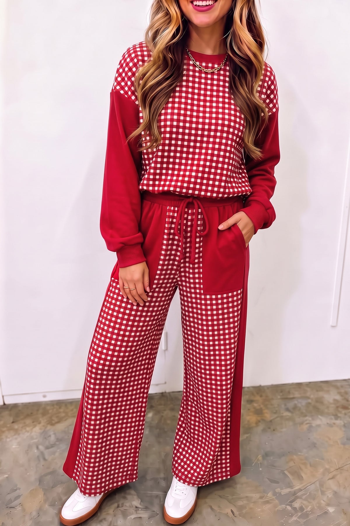 Plaid Patchwork Long Sleeve Pullover & Wide Leg Pant Set (3 Colors Available)