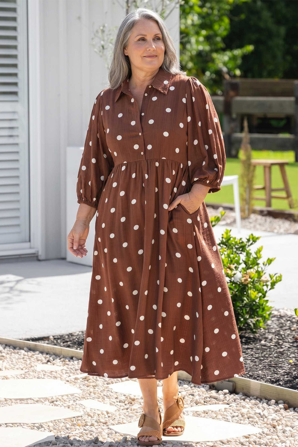 Polka Cuffs Sleeve Shift Plus Size Dress with Pockets