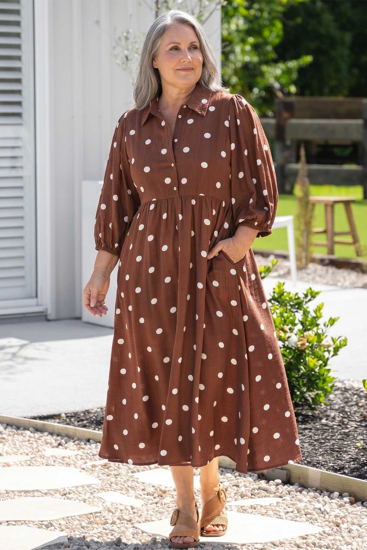 Polka Cuffs Sleeve Shift Plus Size Dress with Pockets