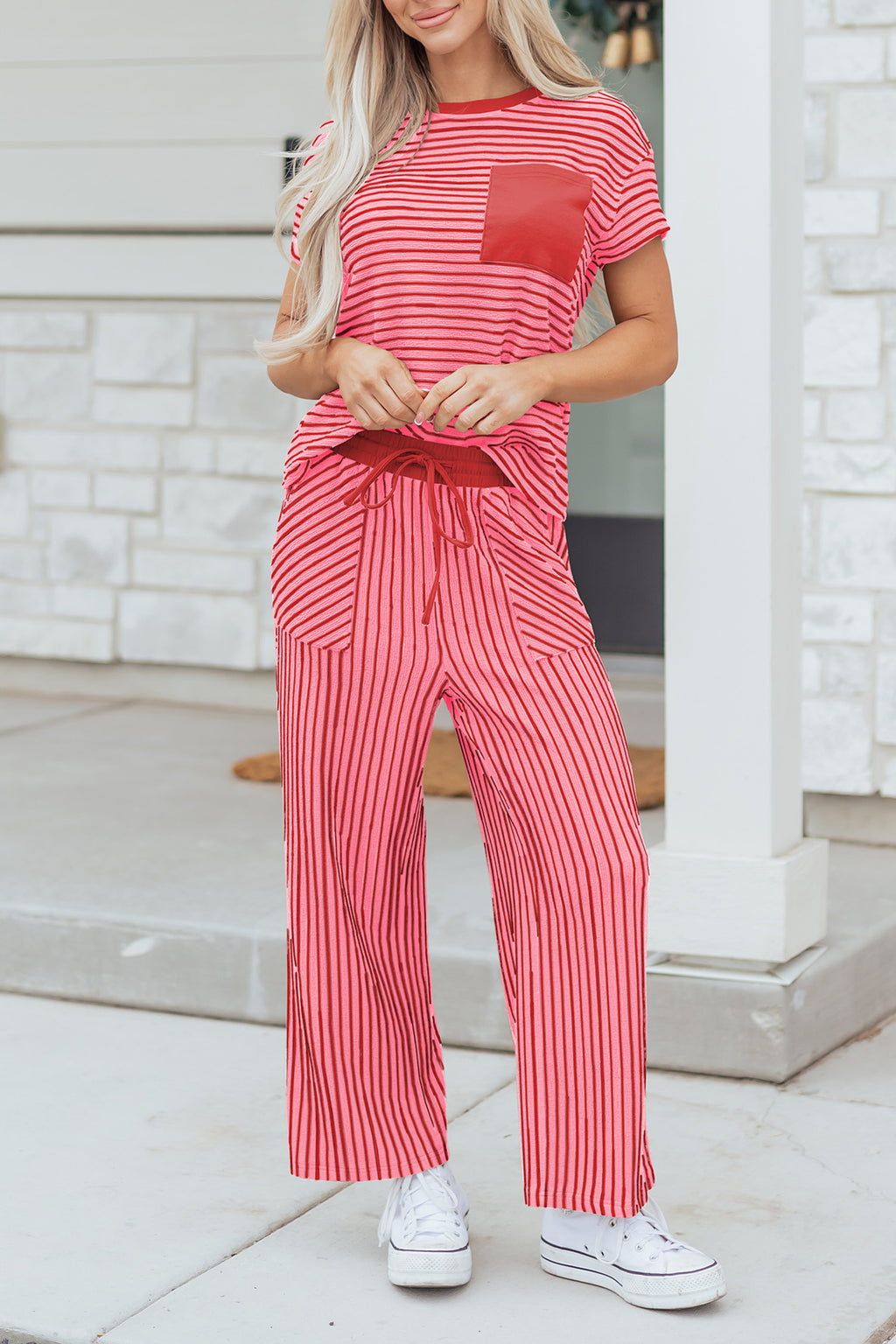 Stripe Crew Neck Tee & Drawstring Waist Cropped Pants Set (4 Colors Available)