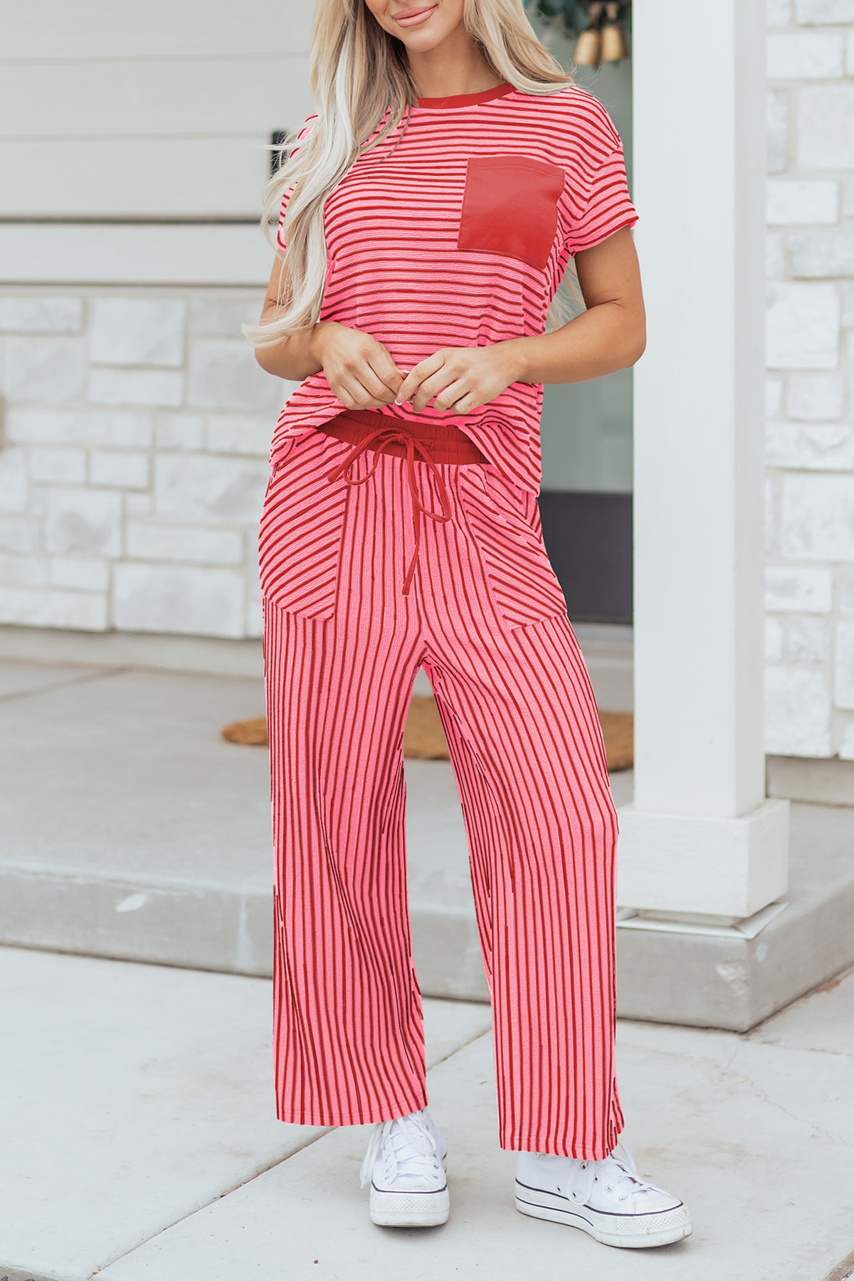 Stripe Crew Neck Tee & Drawstring Waist Cropped Pants Set (4 Colors Available)