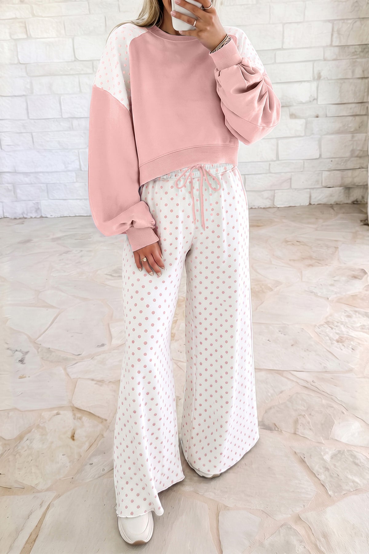 Polka Dot Patchwork Colorblock Long Sleeve Pant Set (4 Colors Available)