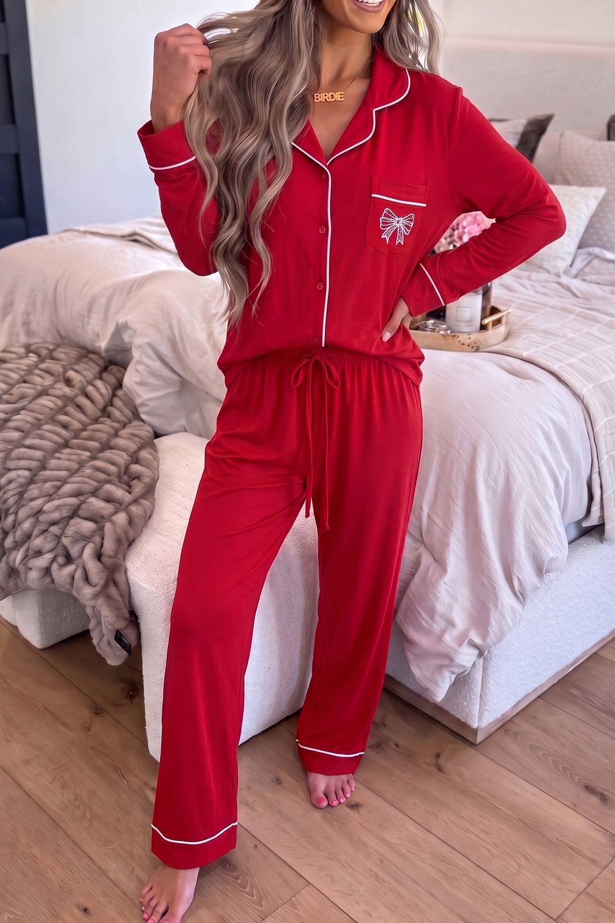 Bow Embroidered Pocket Detail Pajama Set