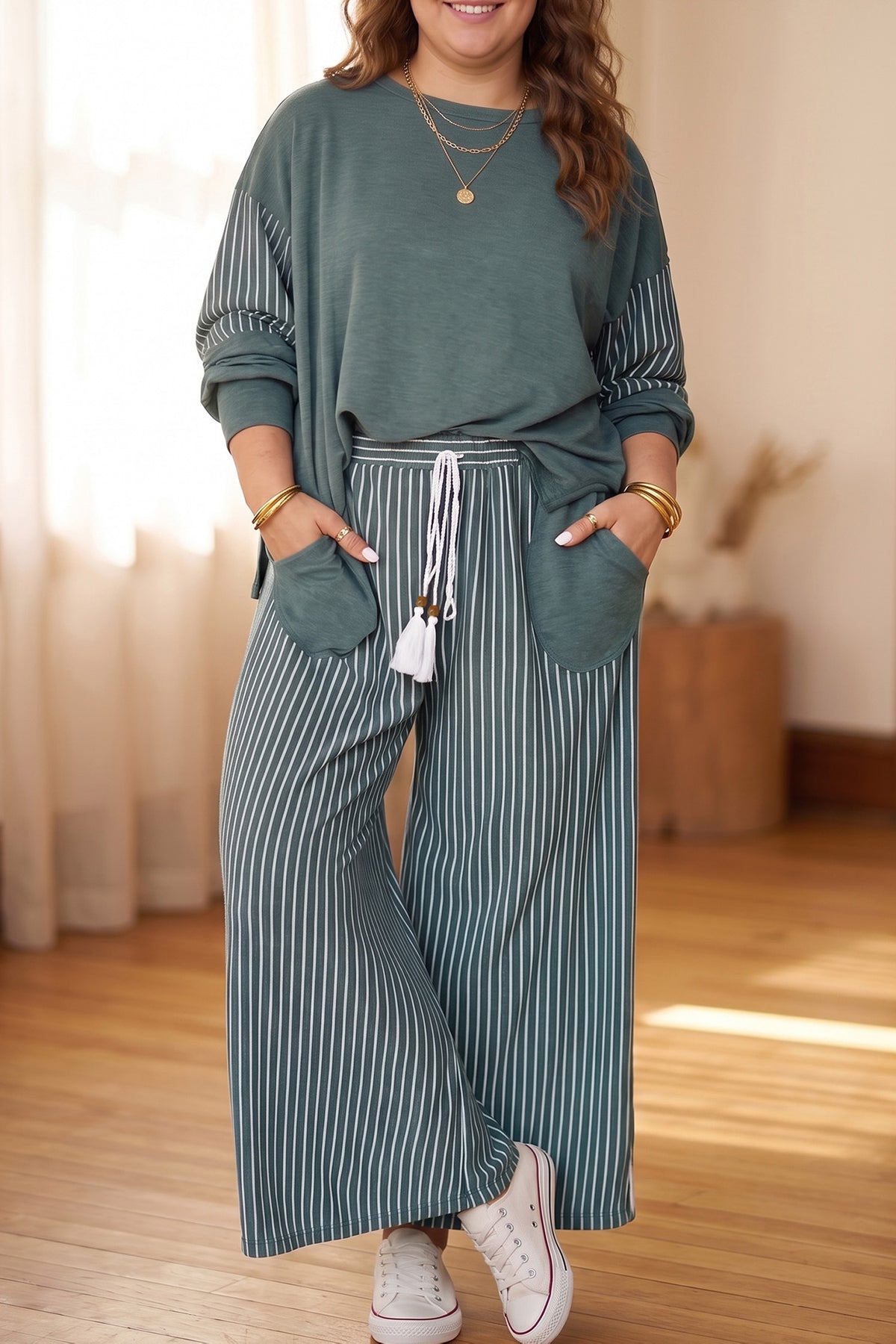 Raw Seam Striped Plus Size Set