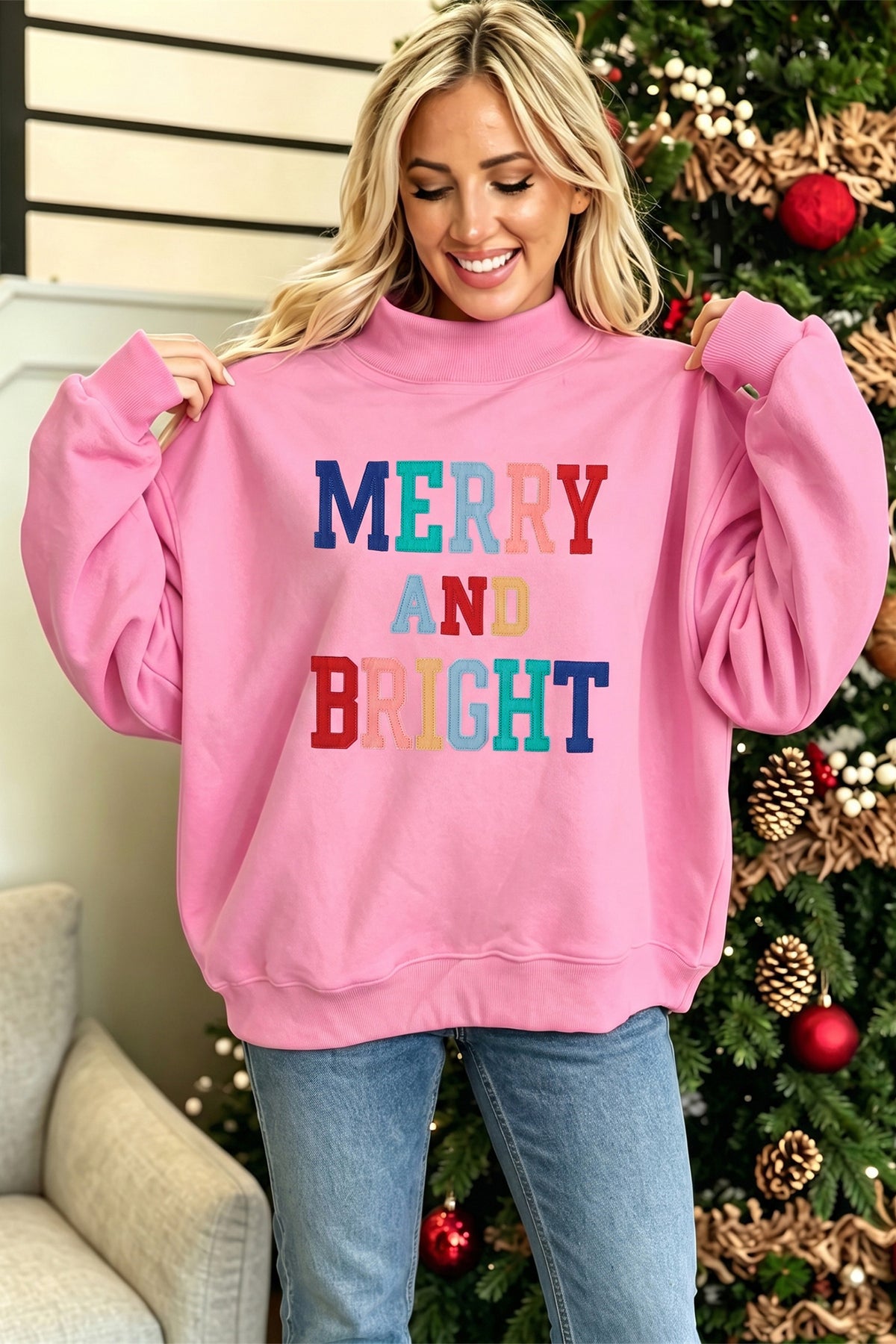Merry & Bright Mock Neck Sweatshirt (2 Colors Available)