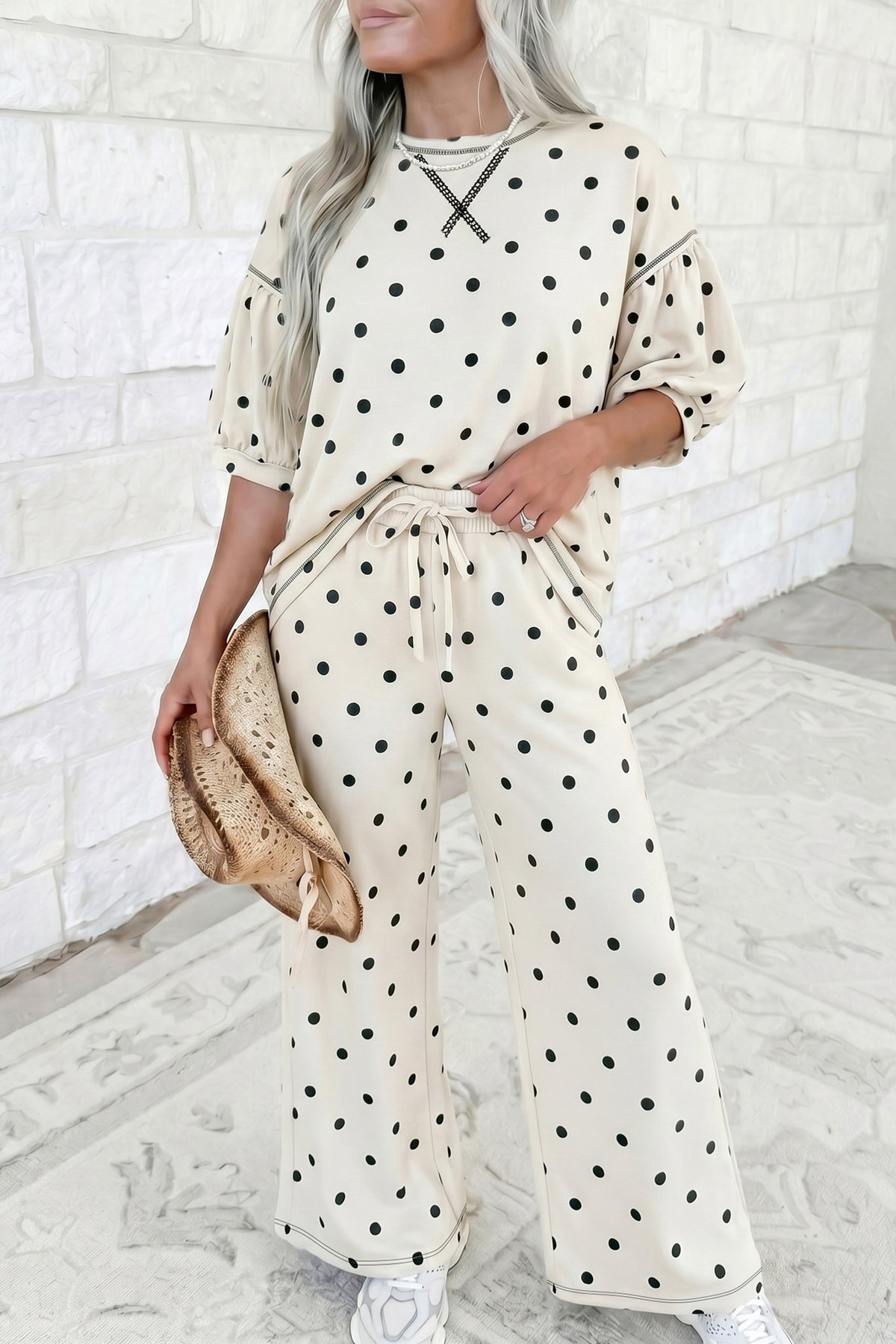 Polka Dot 3/4 Sleeve Loose Top & Pants Set (2 Colors Available)