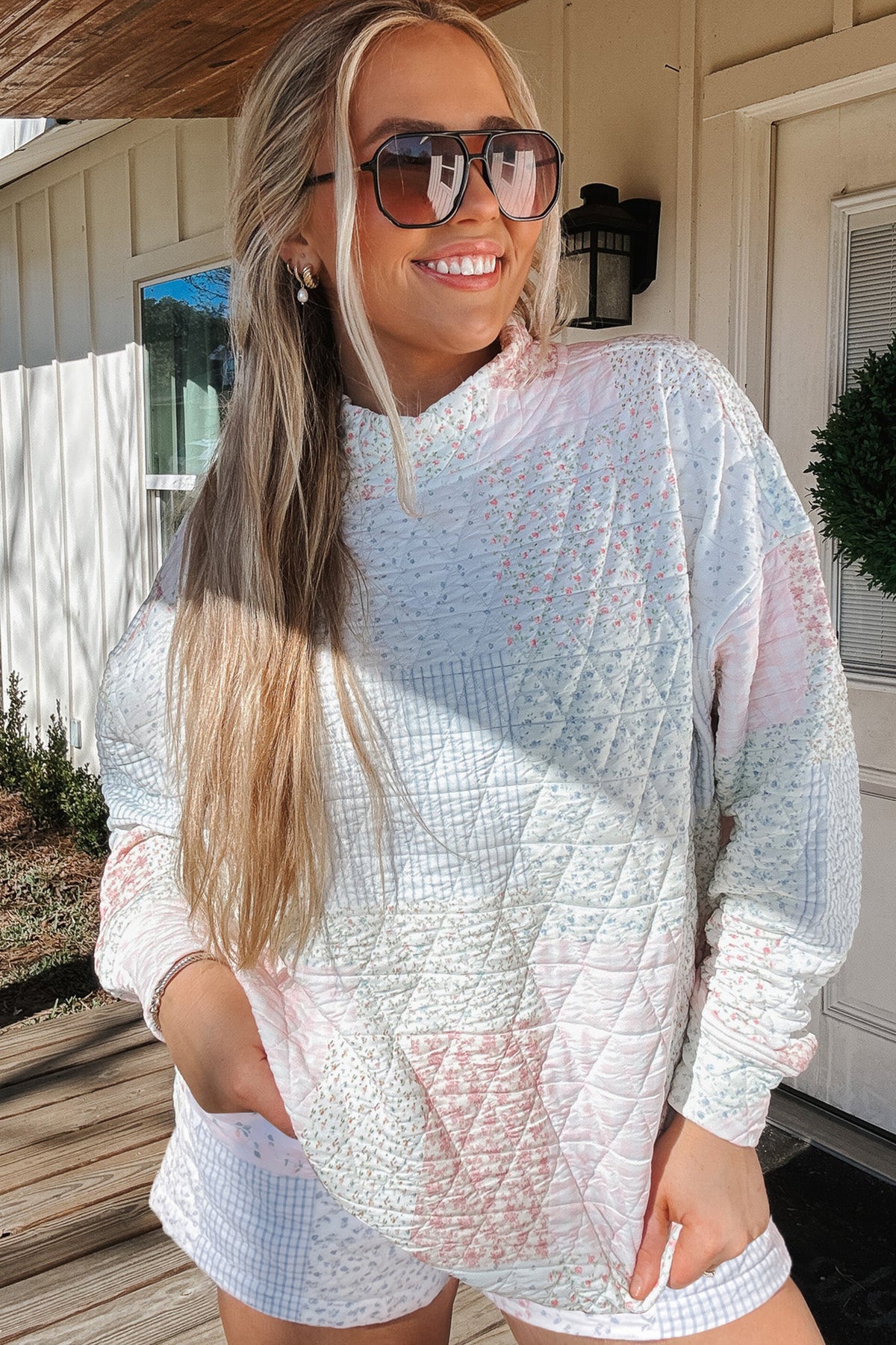 Floral Quilted Patchwork Mock Neck Top & Short Set