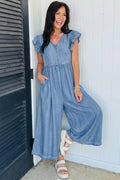 Ruffled Cap Sleeve Wide Leg Denim Jumpsuit