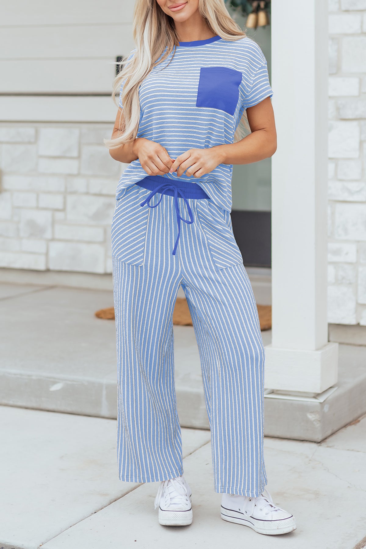 Stripe Crew Neck Tee & Drawstring Waist Cropped Pants Set (4 Colors Available)