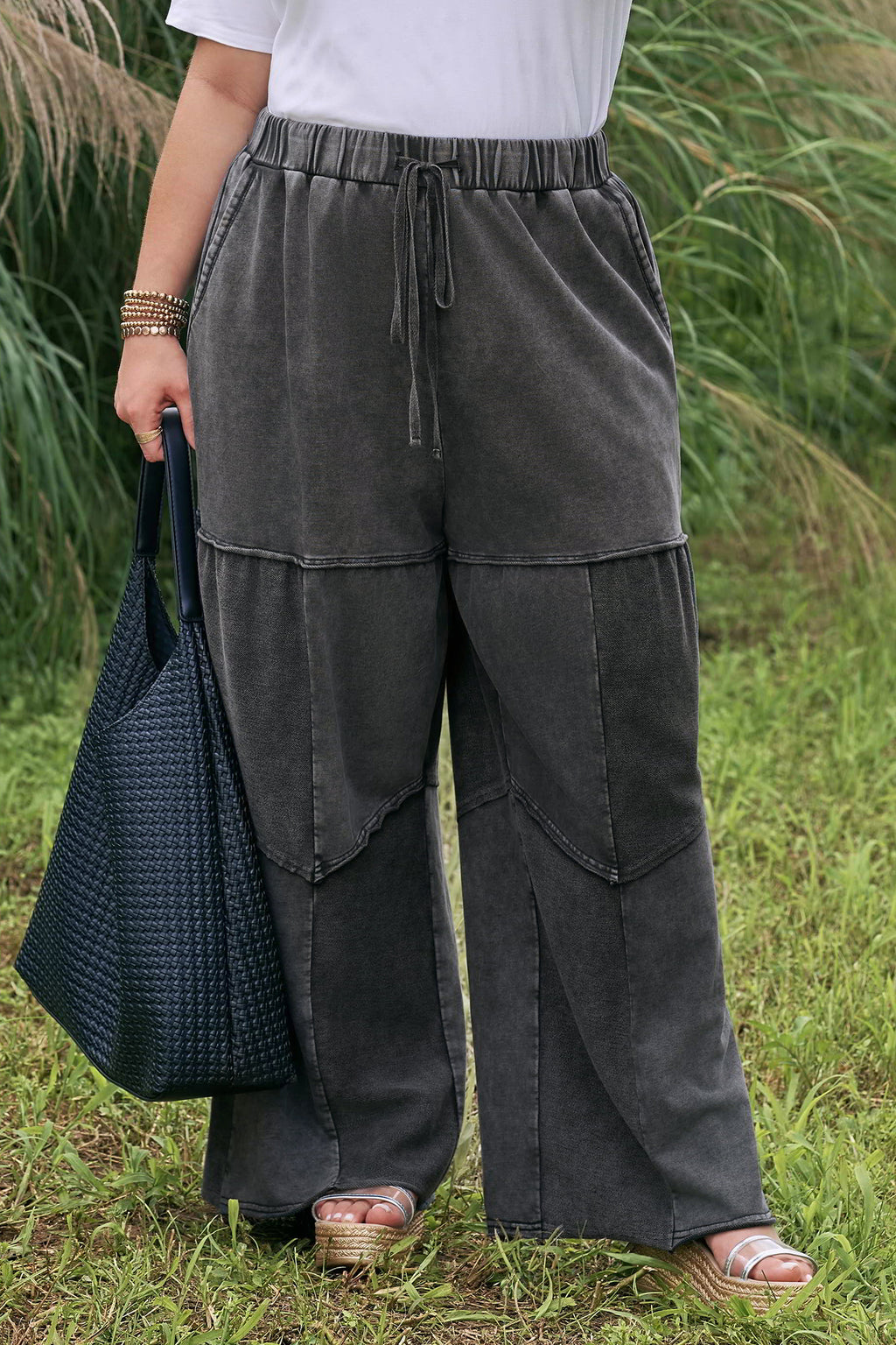 Mineral Wash Patchwork Wide Leg Plus Size Pants