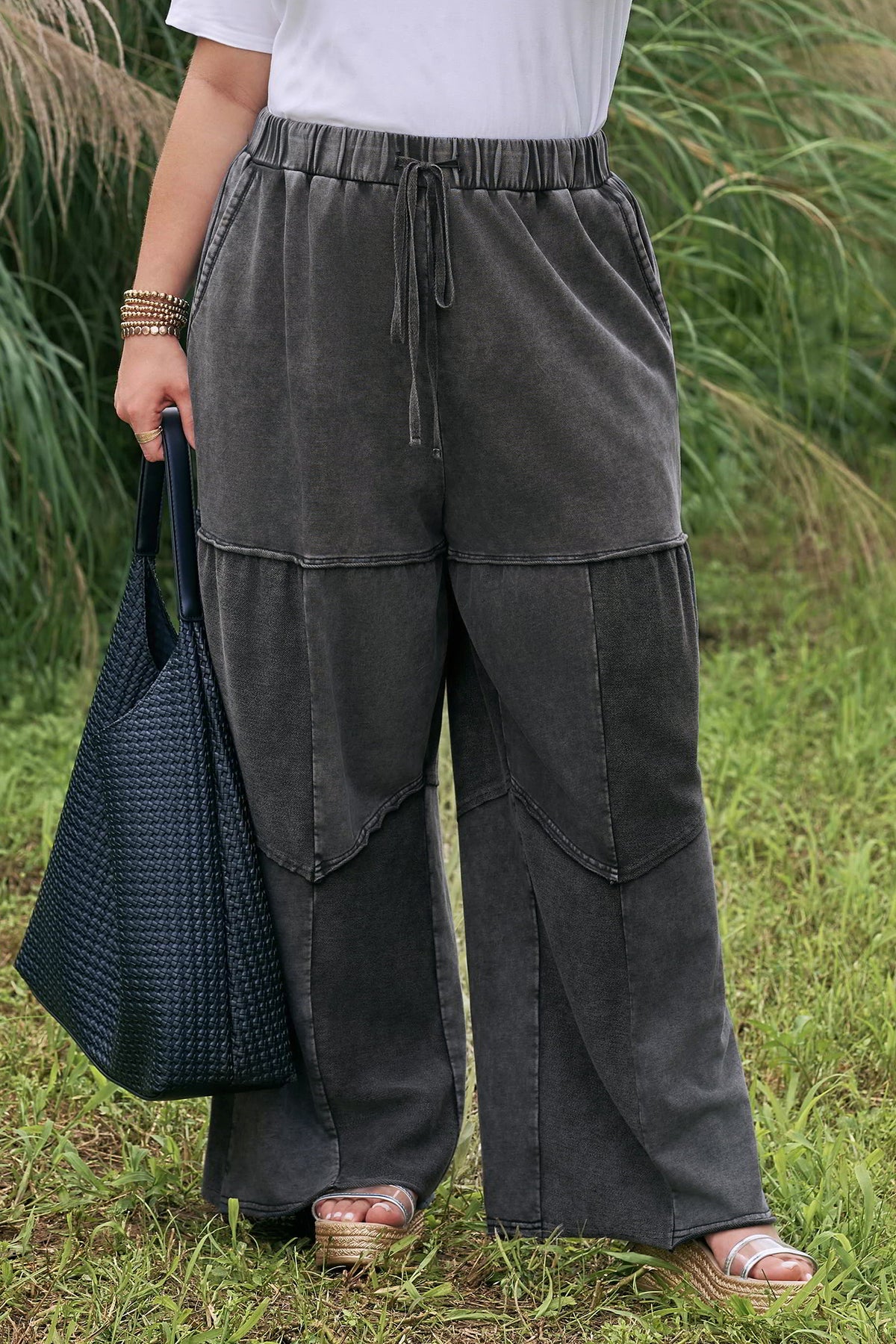 Mineral Wash Patchwork Wide Leg Plus Size Pants