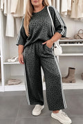 Leopard Varsity Striped 3/4 Sleeve Plus Size Top & Pant Set
