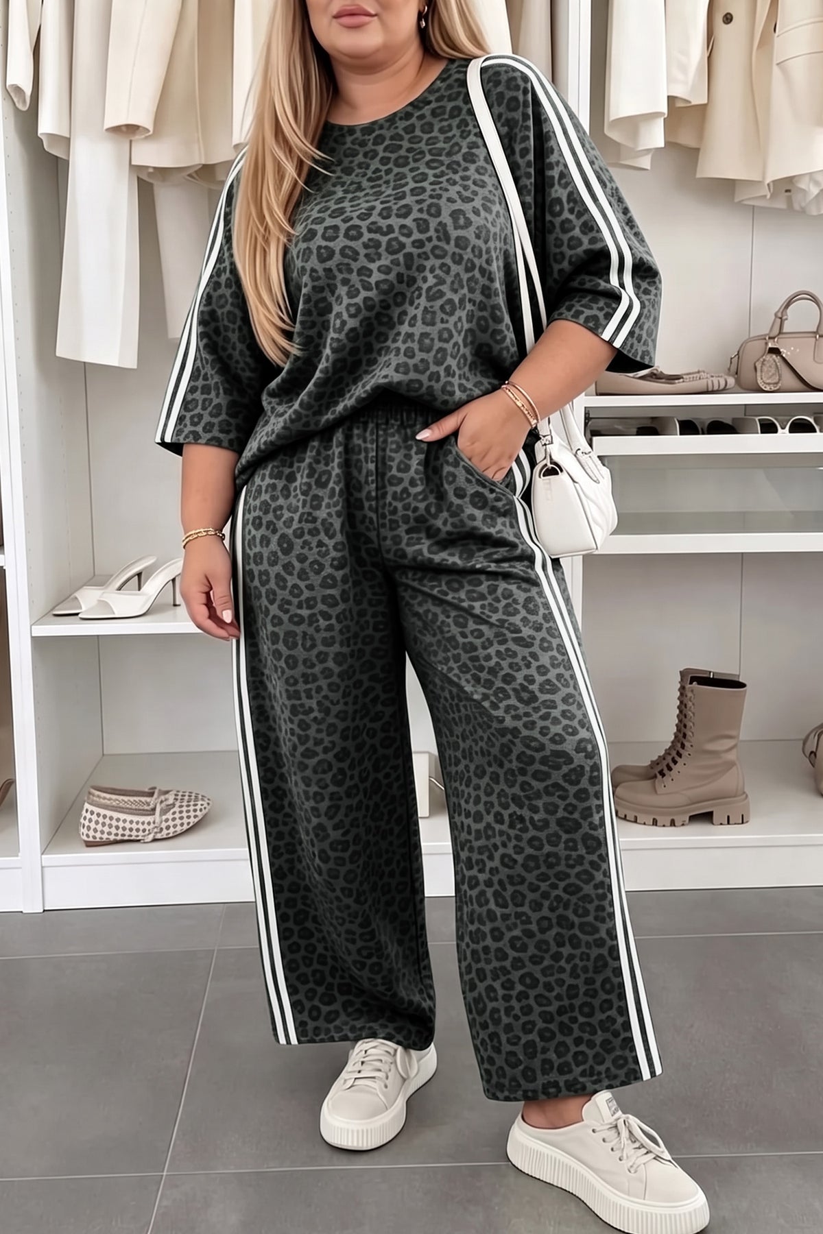 Leopard Varsity Striped 3/4 Sleeve Plus Size Top & Pant Set