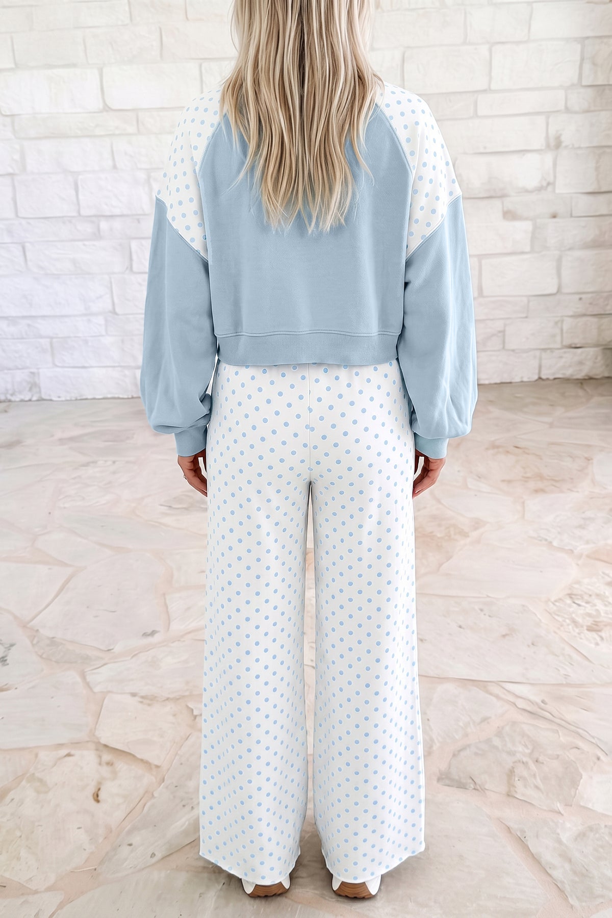 Polka Dot Patchwork Colorblock Long Sleeve Pant Set (4 Colors Available)