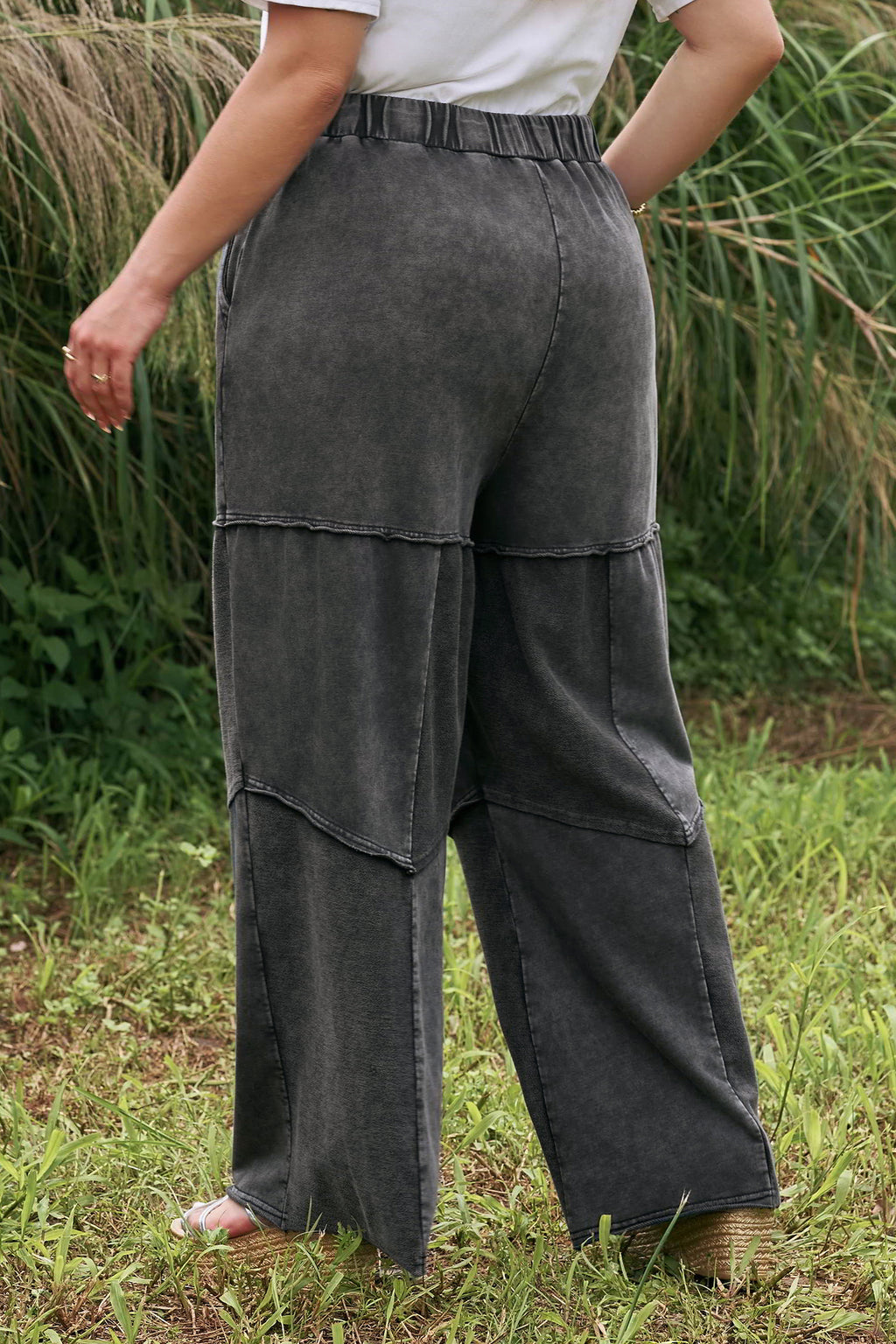 Mineral Wash Patchwork Wide Leg Plus Size Pants