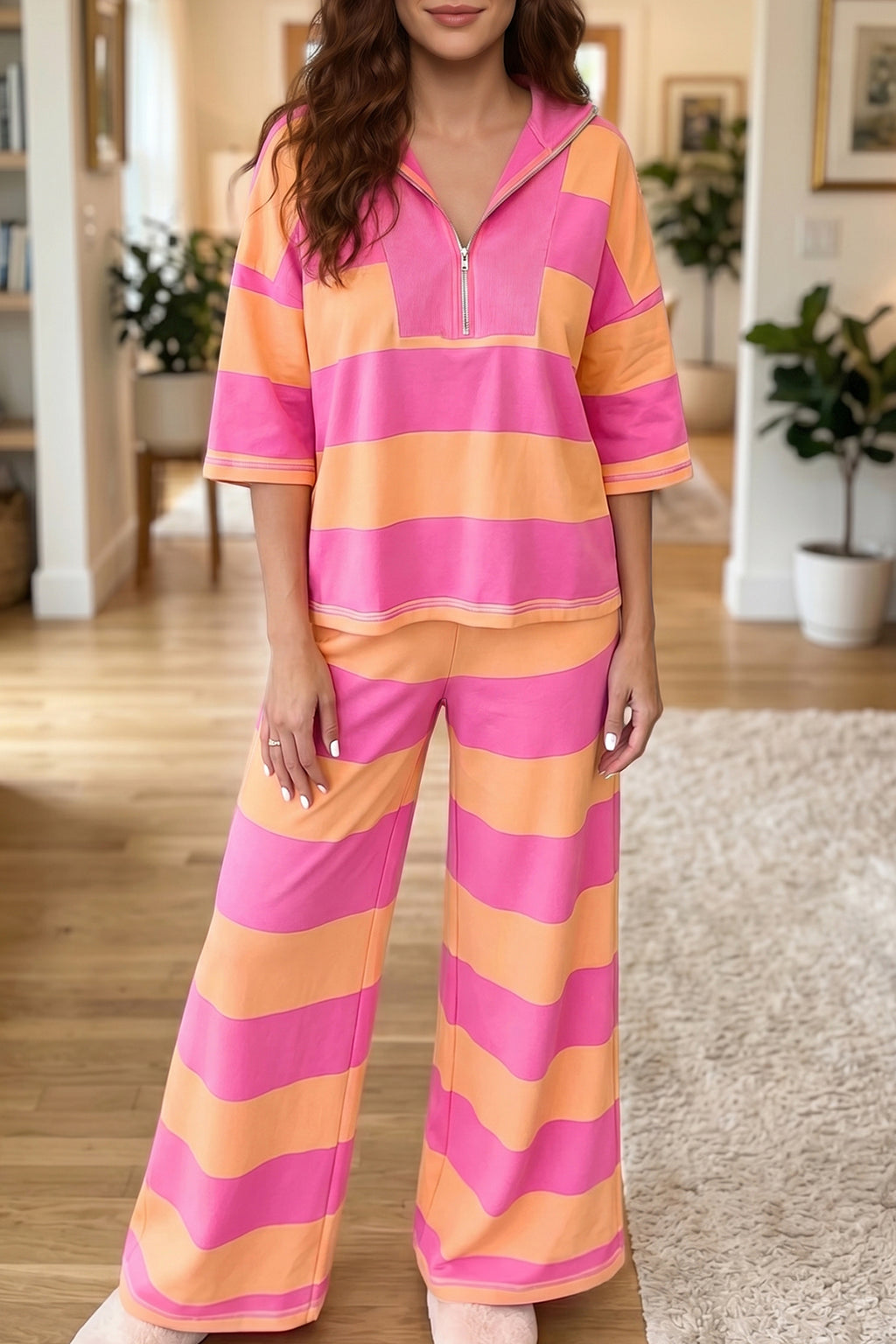 Stripe Colorblock Half Sleeve Top & Pants Set