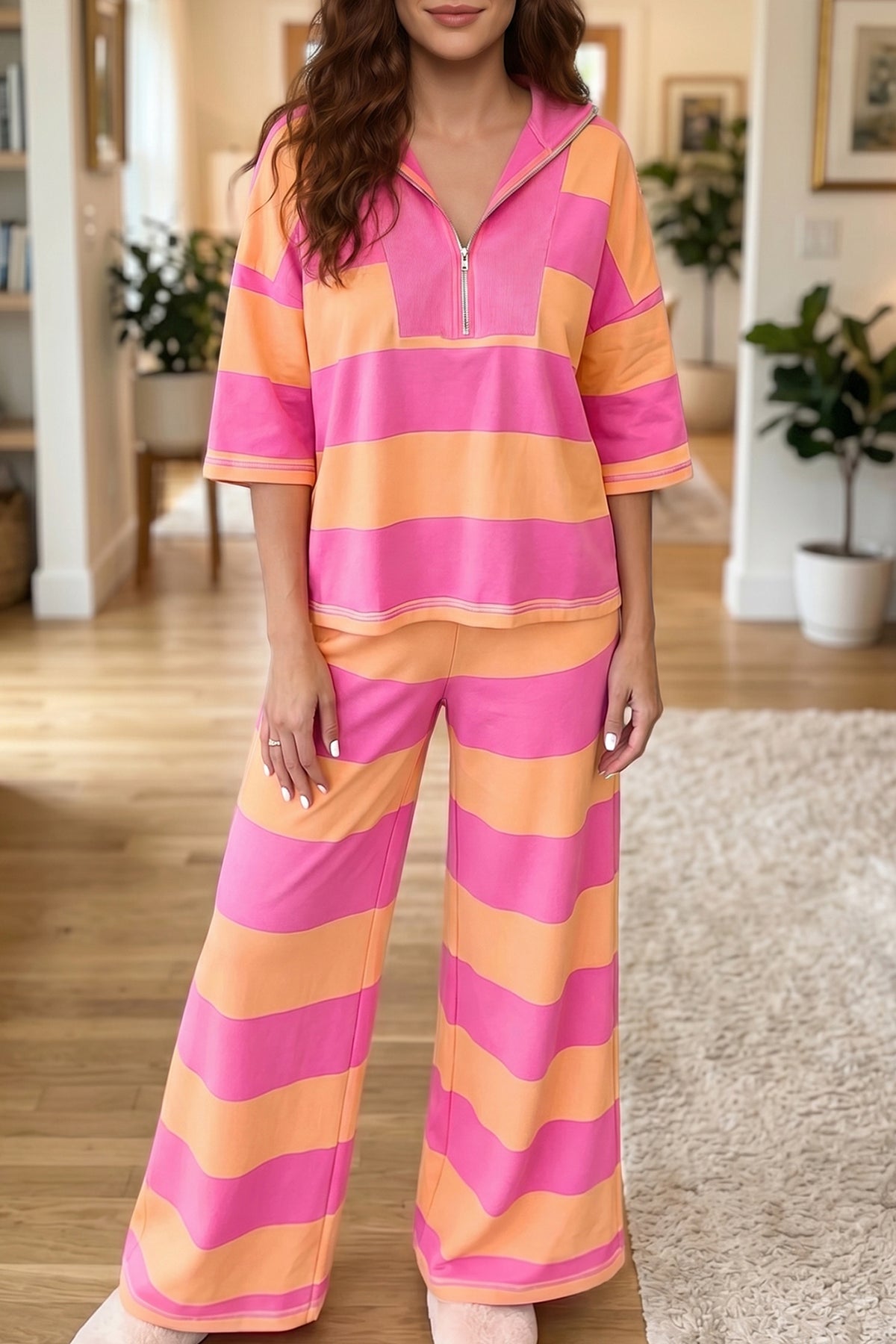 Stripe Colorblock Half Sleeve Top & Pants Set